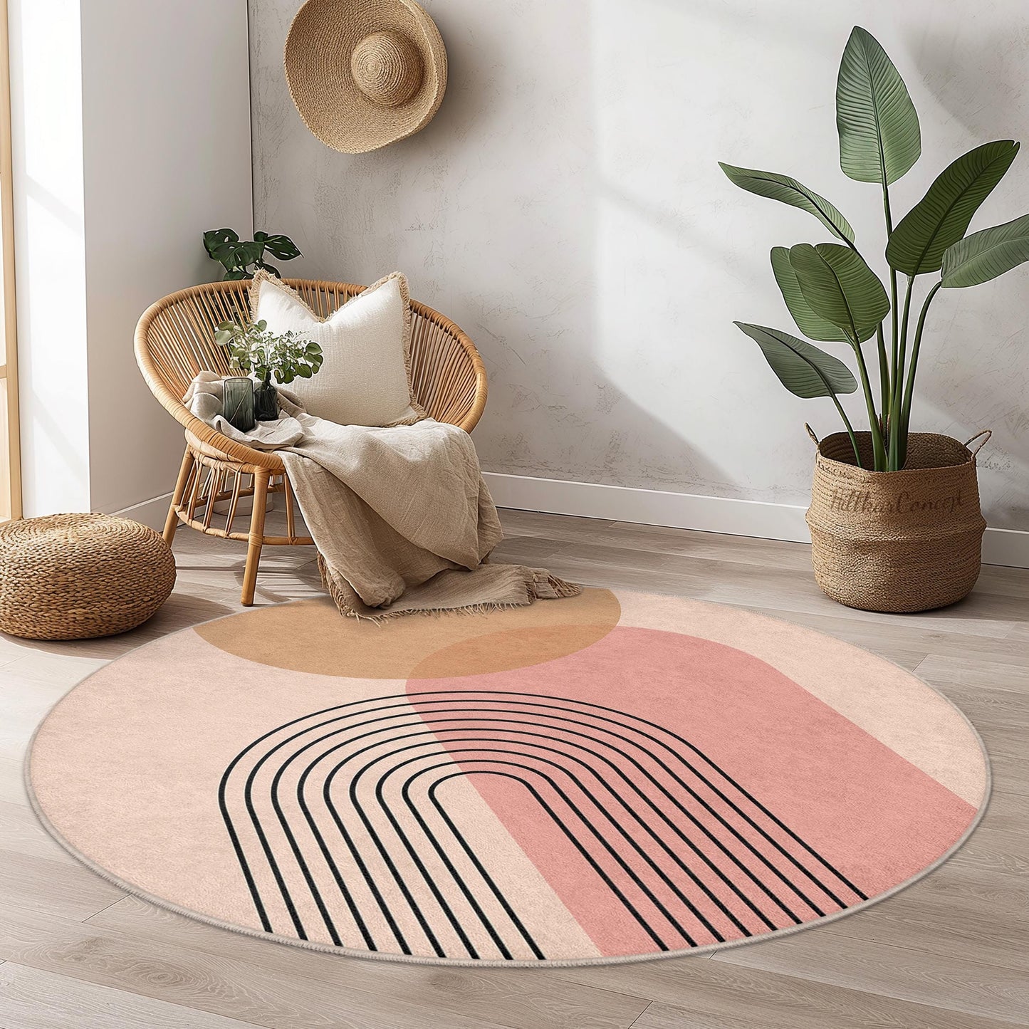 Minimalistischer Regenbogen-Rundteppich, moderner abstrakter Kreisteppich, gemütlicher Wohnzimmerteppich, Boho-Dekor, runde Fußmatte