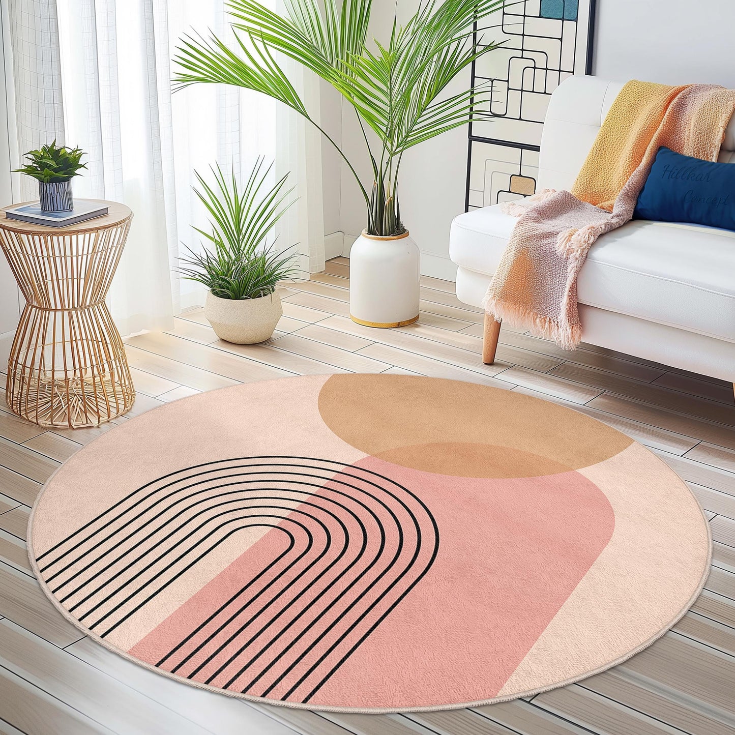 Minimalist Rainbow Round Area Rug, Modern Abstract Circle Carpet, Cozy Living Room Rug, Boho Decor, Round Floor Mat