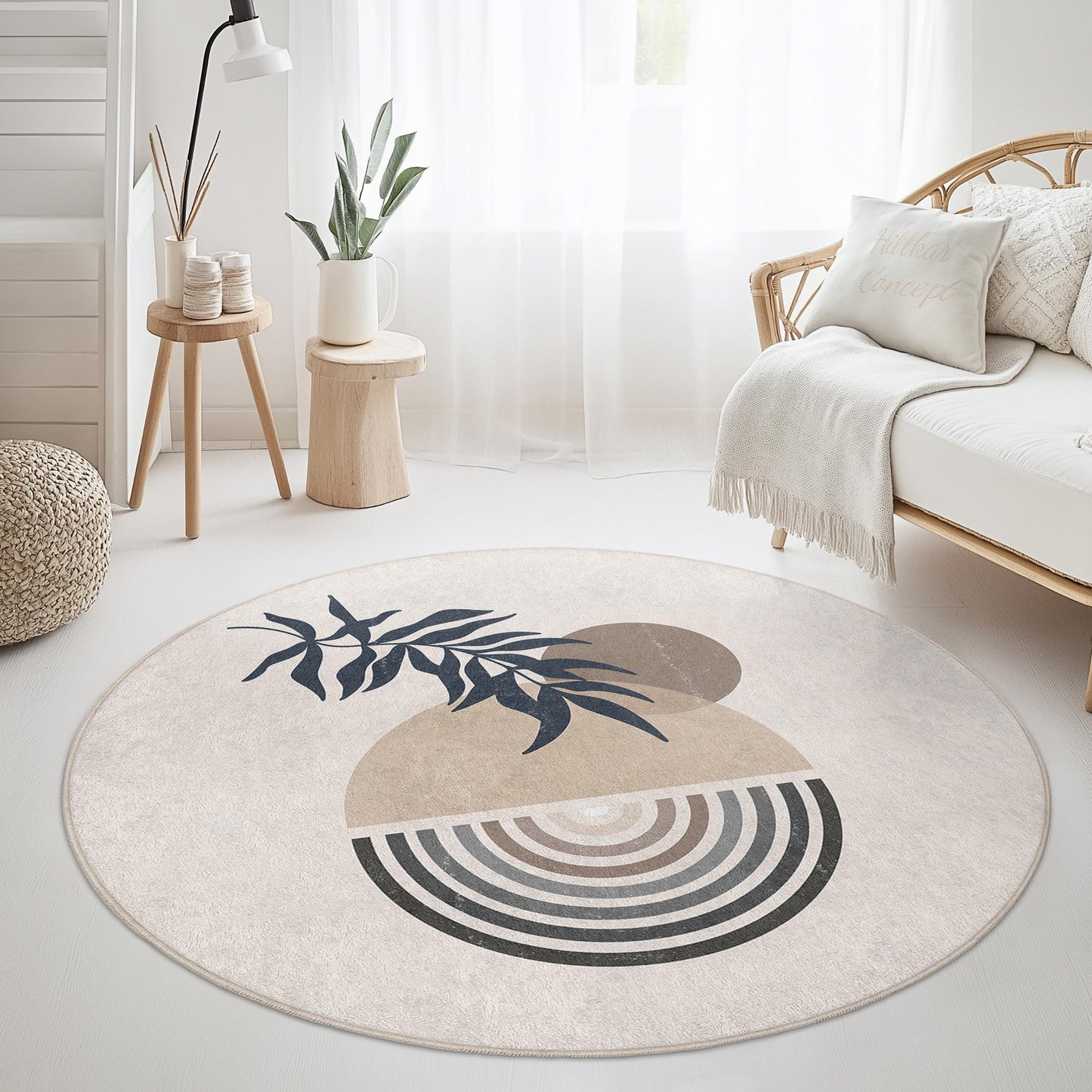 Moderner runder Dekoteppich mit abstraktem Blattmuster, Boho-Chic-Kreisteppich für Wohnzimmer, Schlafzimmer, Wohnbereich