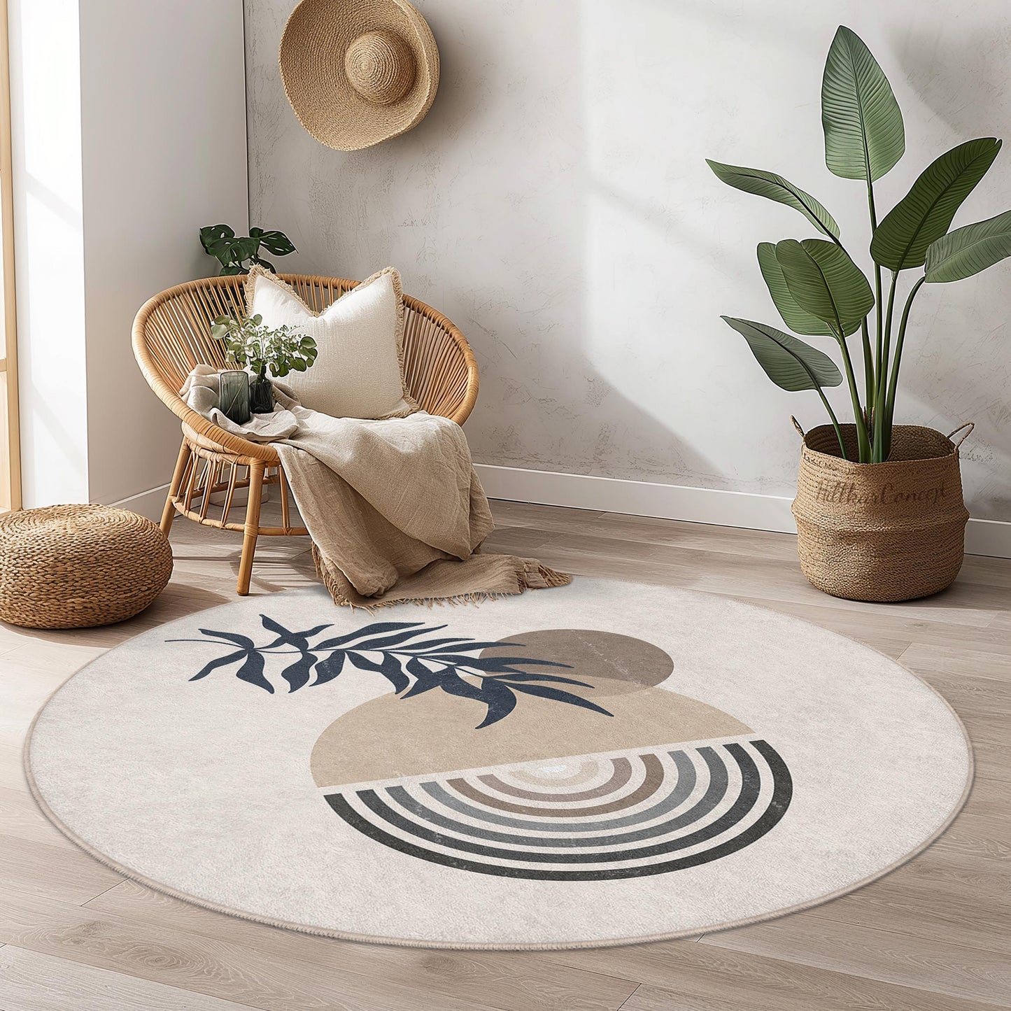 Moderner runder Dekoteppich mit abstraktem Blattmuster, Boho-Chic-Kreisteppich für Wohnzimmer, Schlafzimmer, Wohnbereich