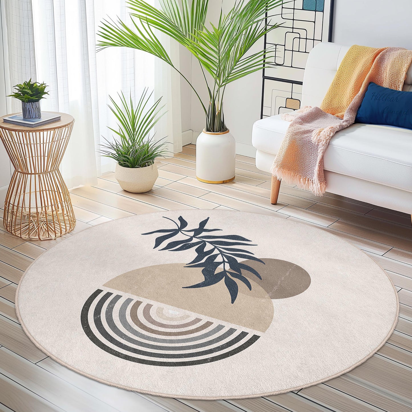 Moderner runder Dekoteppich mit abstraktem Blattmuster, Boho-Chic-Kreisteppich für Wohnzimmer, Schlafzimmer, Wohnbereich