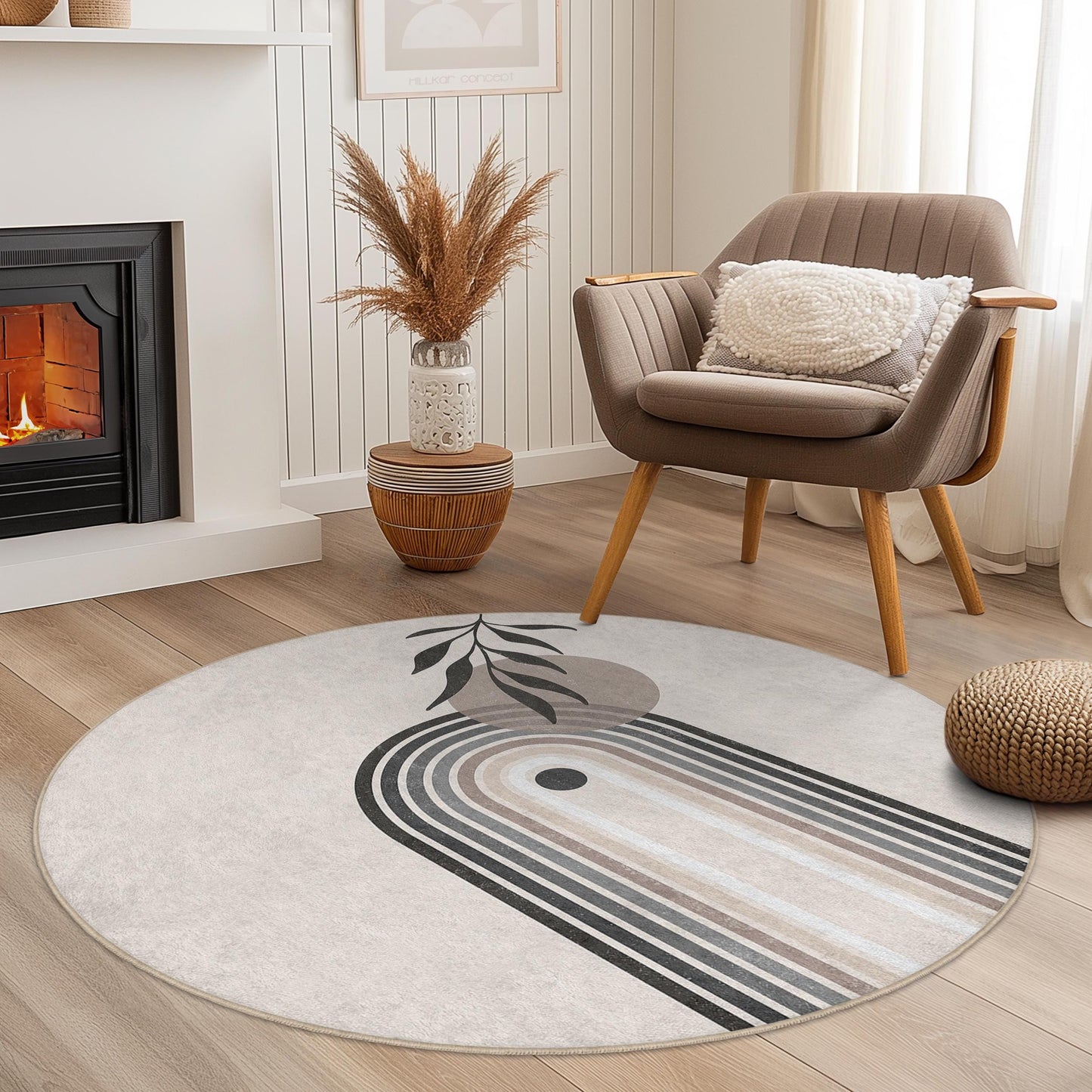 Eleganter runder Teppich, moderner Teppich mit Blattmuster, runder Wohnzimmerteppich, Boho-Dekor, weicher Indoor-Teppich
