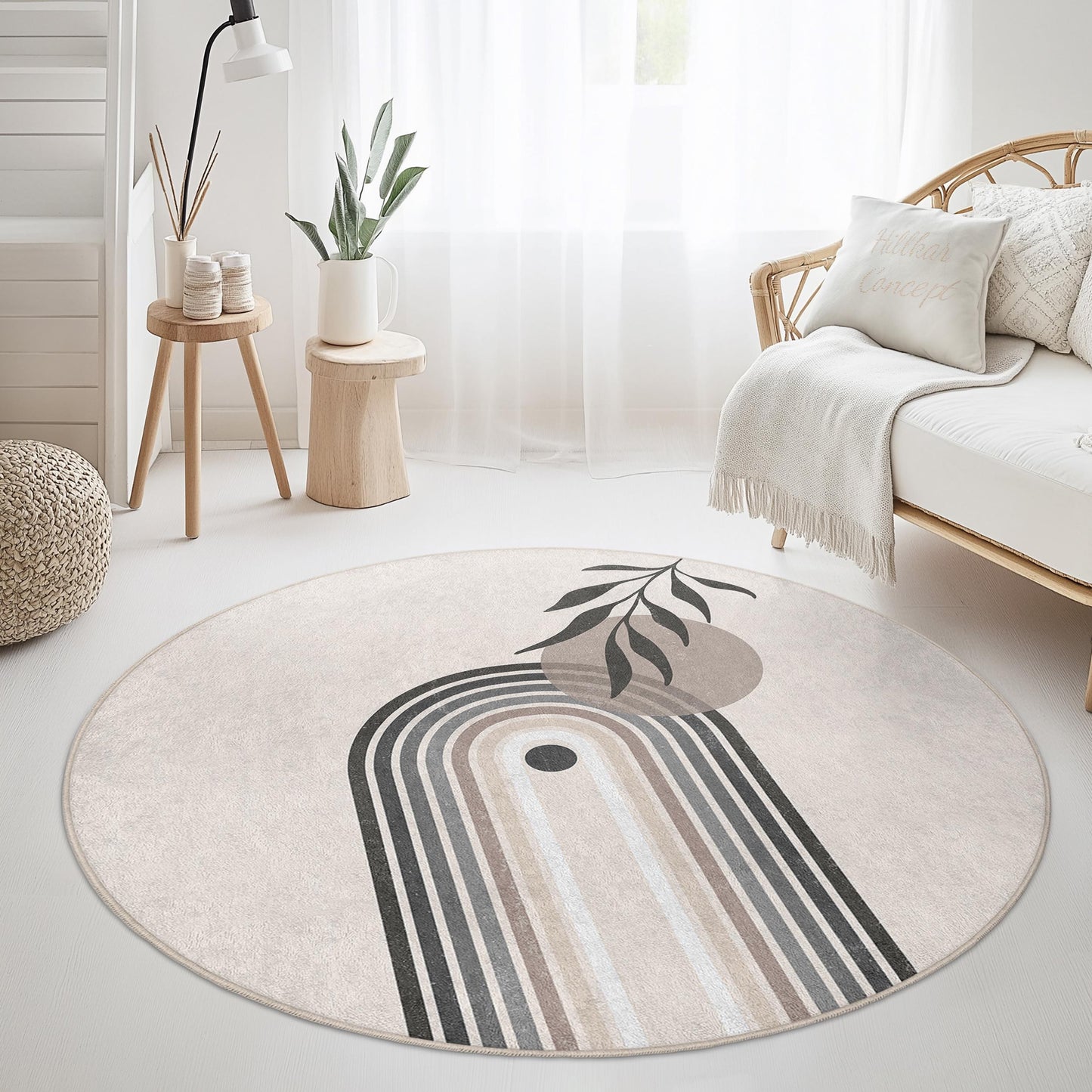 Eleganter runder Teppich, moderner Teppich mit Blattmuster, runder Wohnzimmerteppich, Boho-Dekor, weicher Indoor-Teppich