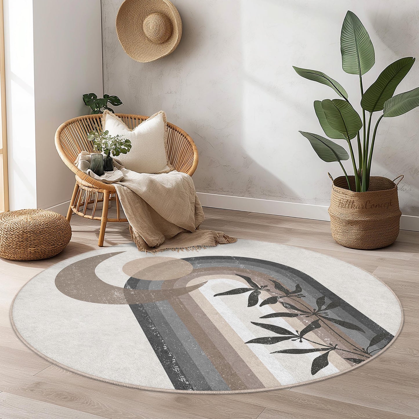 Runder Boho-Chic-Teppich, abstraktes Regenbogenmuster, moderne Wohndekoration, weicher Wohnzimmerteppich, stilvoller runder Teppich