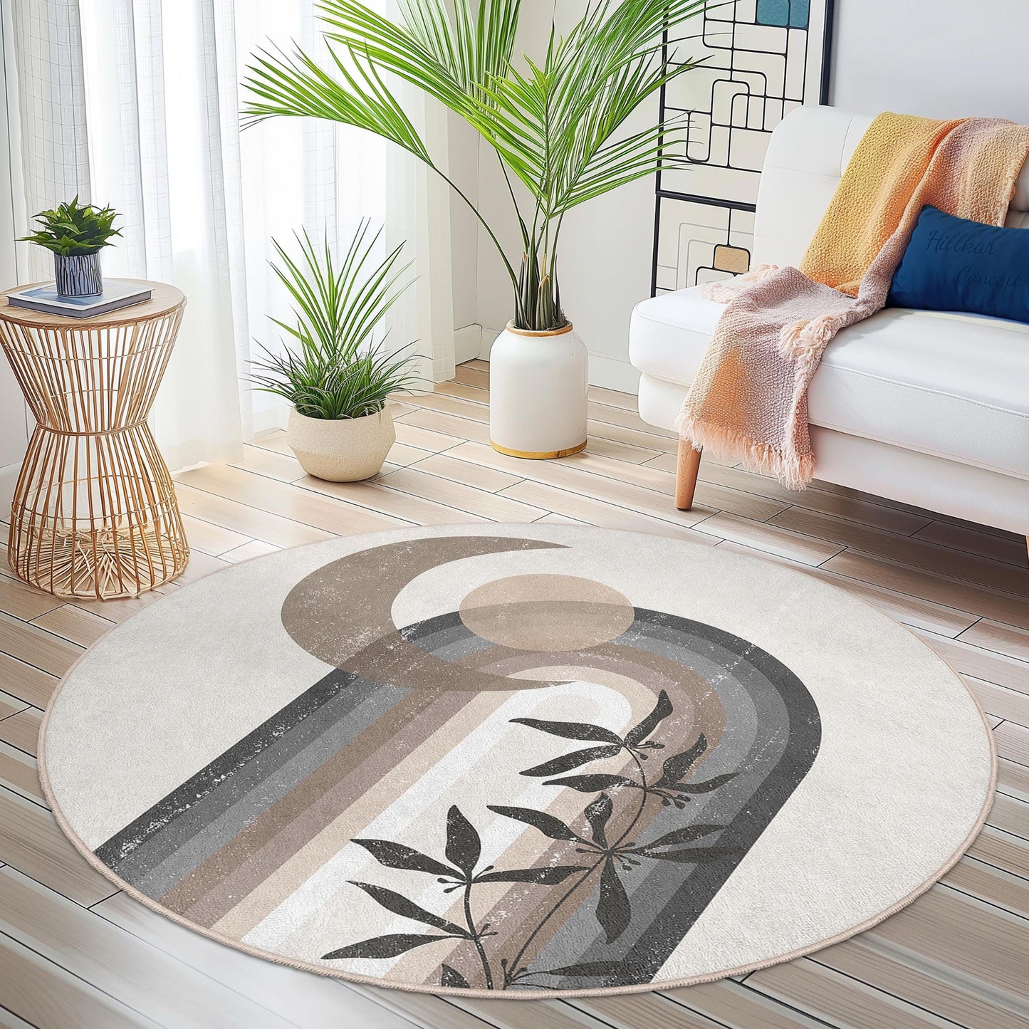 Runder Boho-Chic-Teppich, abstraktes Regenbogenmuster, moderne Wohndekoration, weicher Wohnzimmerteppich, stilvoller runder Teppich