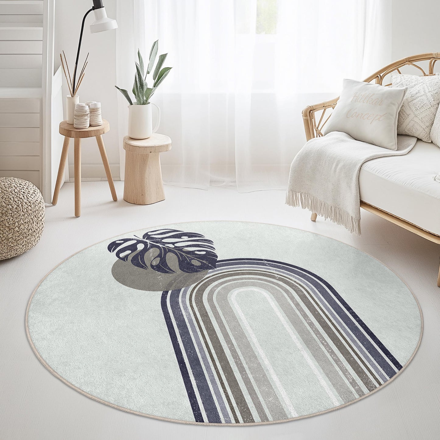 Eleganter runder Teppich mit Monstera-Blattmuster, minimalistischer botanischer runder Teppich, dekorativer runder Teppich für Wohnzimmer oder Schlafzimmer