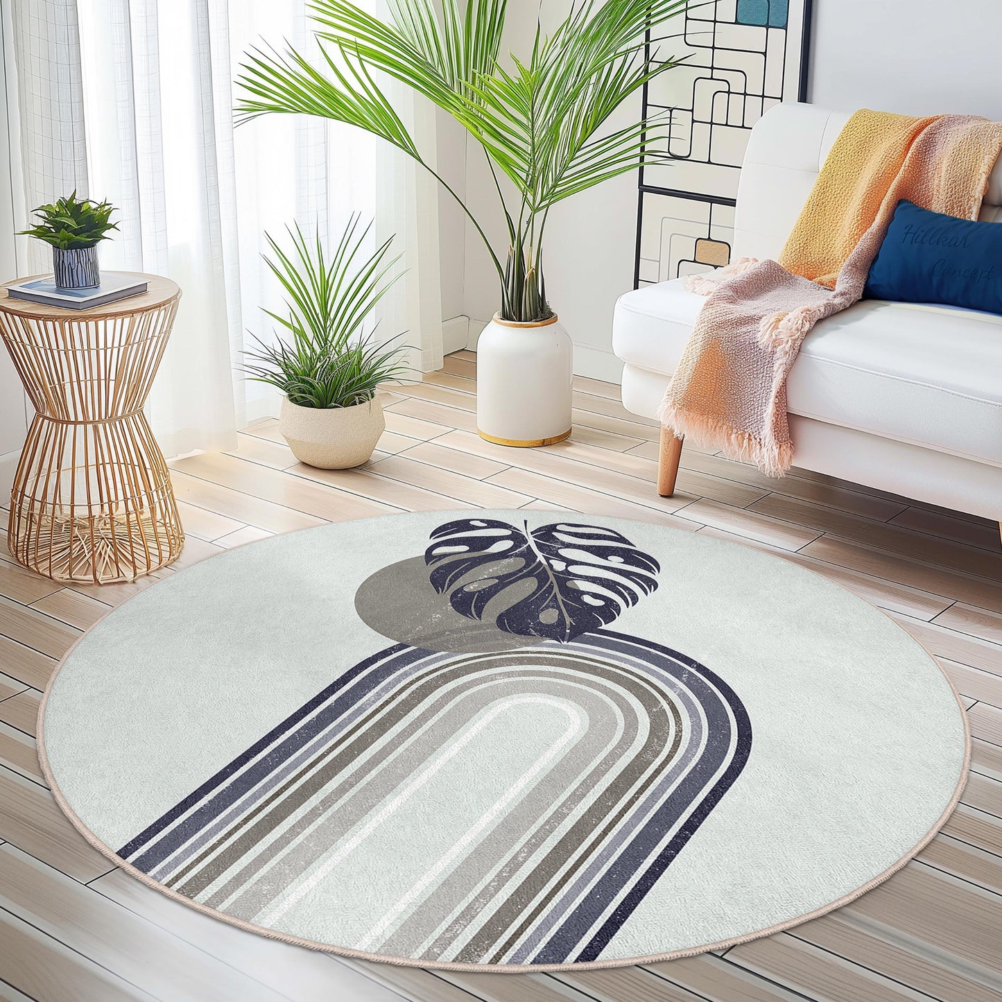 Eleganter runder Teppich mit Monstera-Blattmuster, minimalistischer botanischer runder Teppich, dekorativer runder Teppich für Wohnzimmer oder Schlafzimmer