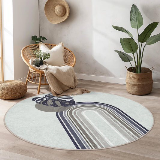 Elegant Monstera Leaf Round Area Rug, Minimalist Botanical Round Rug, Decorative Circular Carpet for Living Room or Bedroom