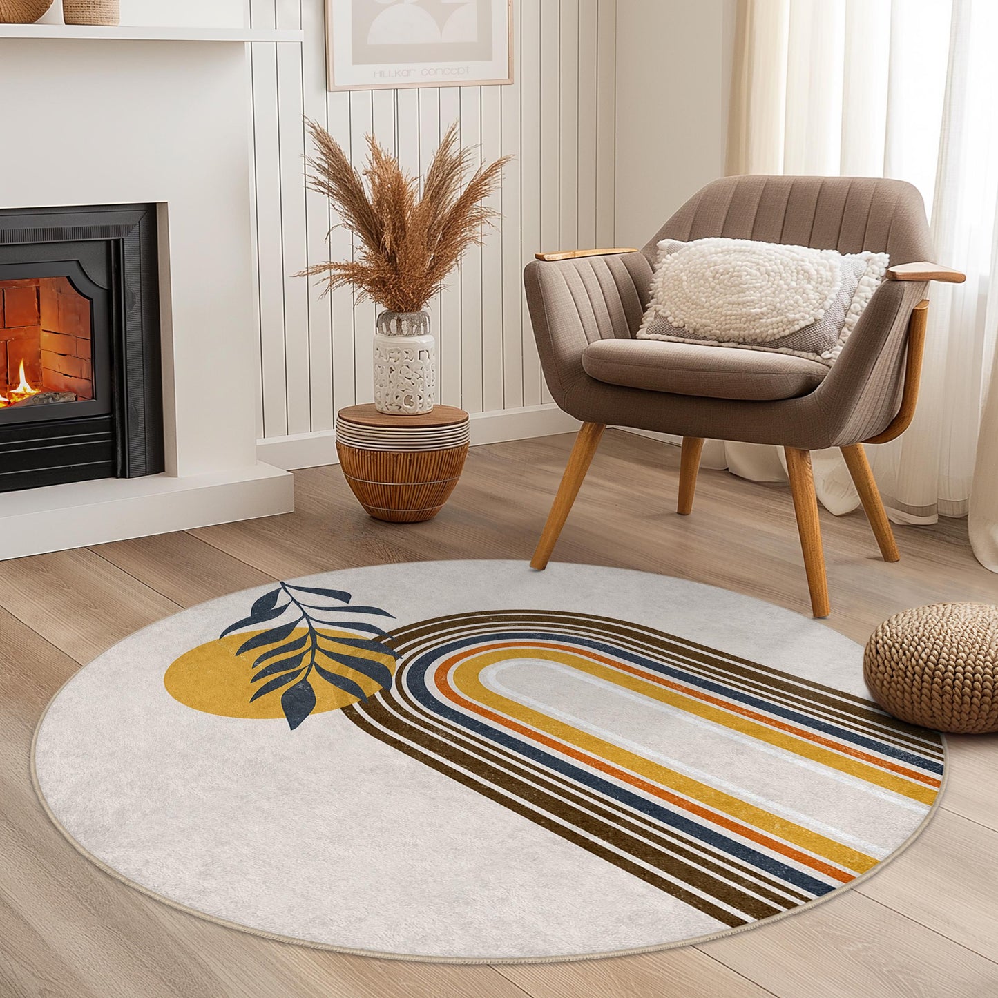 Rainbow Arch Round Area Rug, Modern Round Carpet, Decorative Round Rug, Boho Chic Home Decor, Stylish Living Room Rug