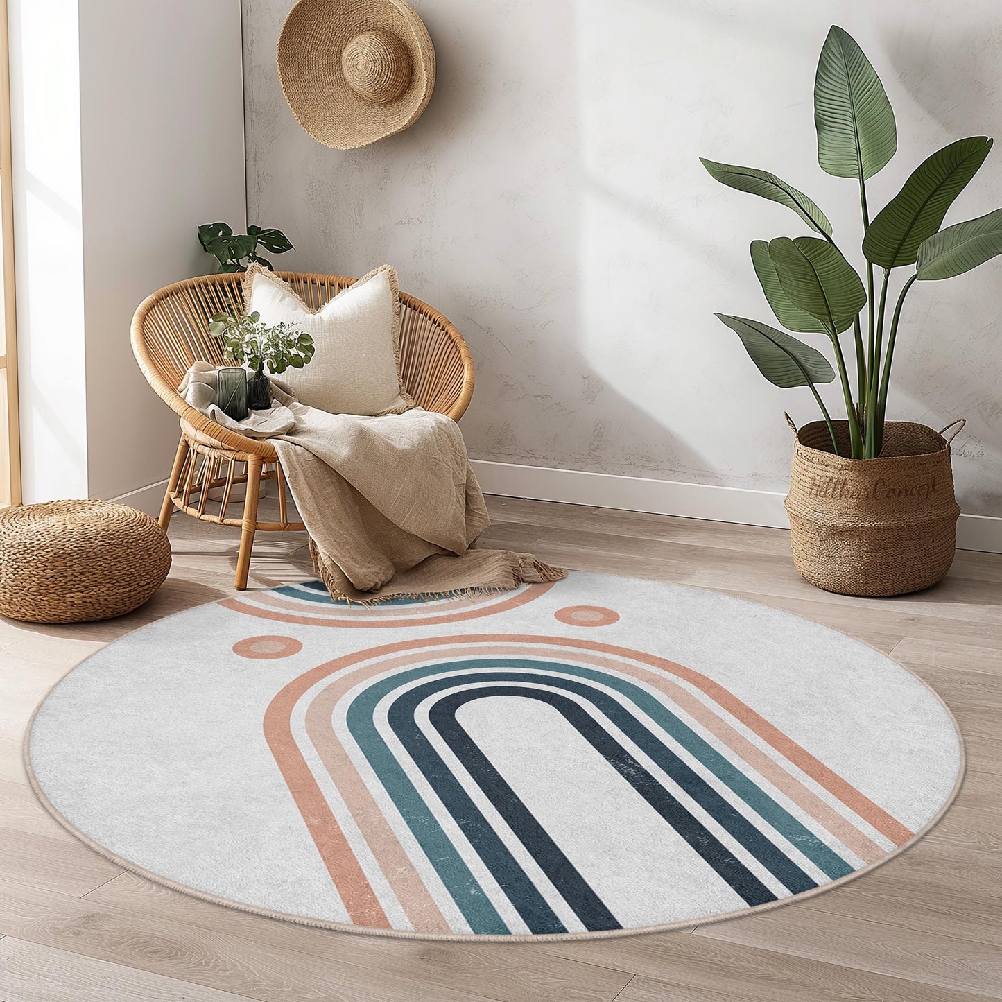Geometrischer Regenbogen-Rundteppich, weicher runder Teppich fürs Wohnzimmer, stilvolle Boho-Dekoration, moderner runder Teppich, Teppich für die Inneneinrichtung