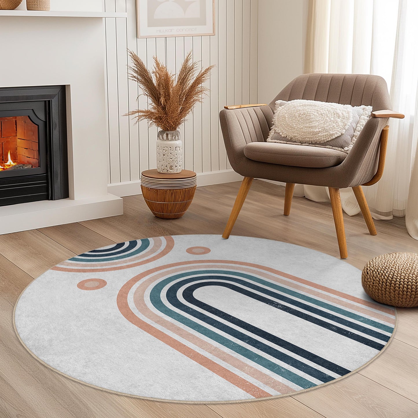 Geometrischer Regenbogen-Rundteppich, weicher runder Teppich fürs Wohnzimmer, stilvolle Boho-Dekoration, moderner runder Teppich, Teppich für die Inneneinrichtung