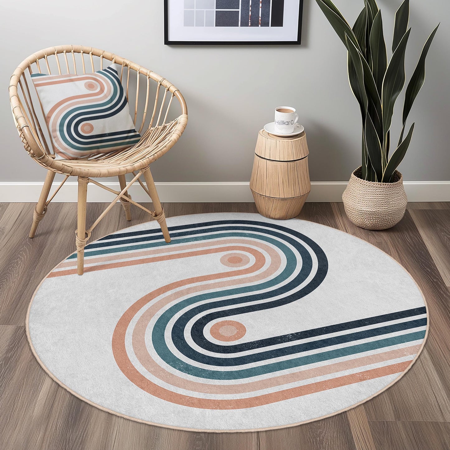 Moderner runder abstrakter Teppich, geometrischer Kreisteppich, weicher Wohnzimmerteppich, stilvolle Wohndekoration, runder Designteppich