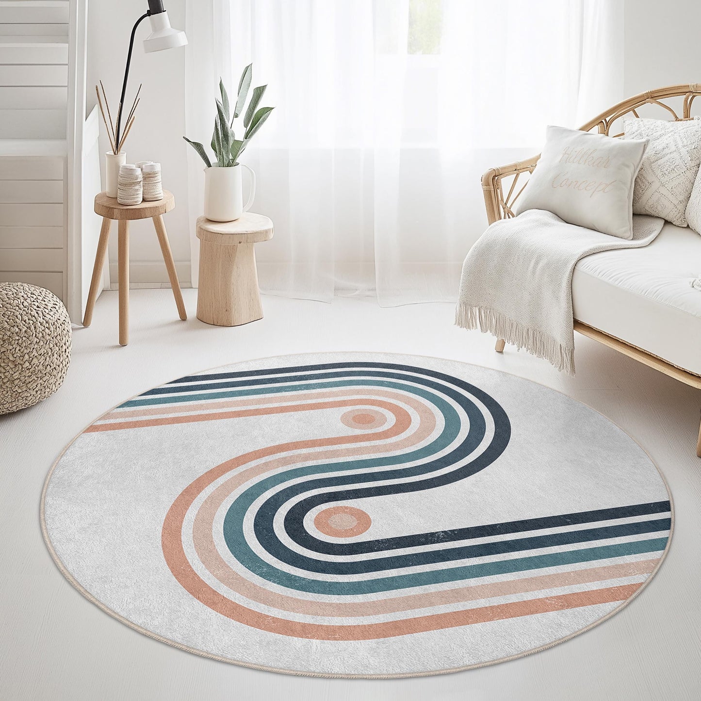 Moderner runder abstrakter Teppich, geometrischer Kreisteppich, weicher Wohnzimmerteppich, stilvolle Wohndekoration, runder Designteppich