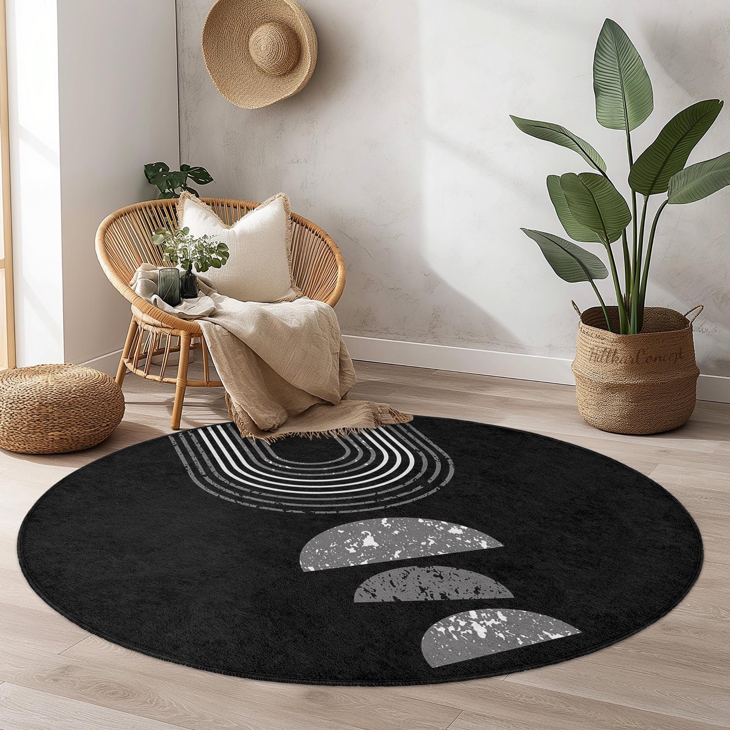 Schwarz-weißer, geometrischer runder Teppich: Modernes minimalistisches Dekor