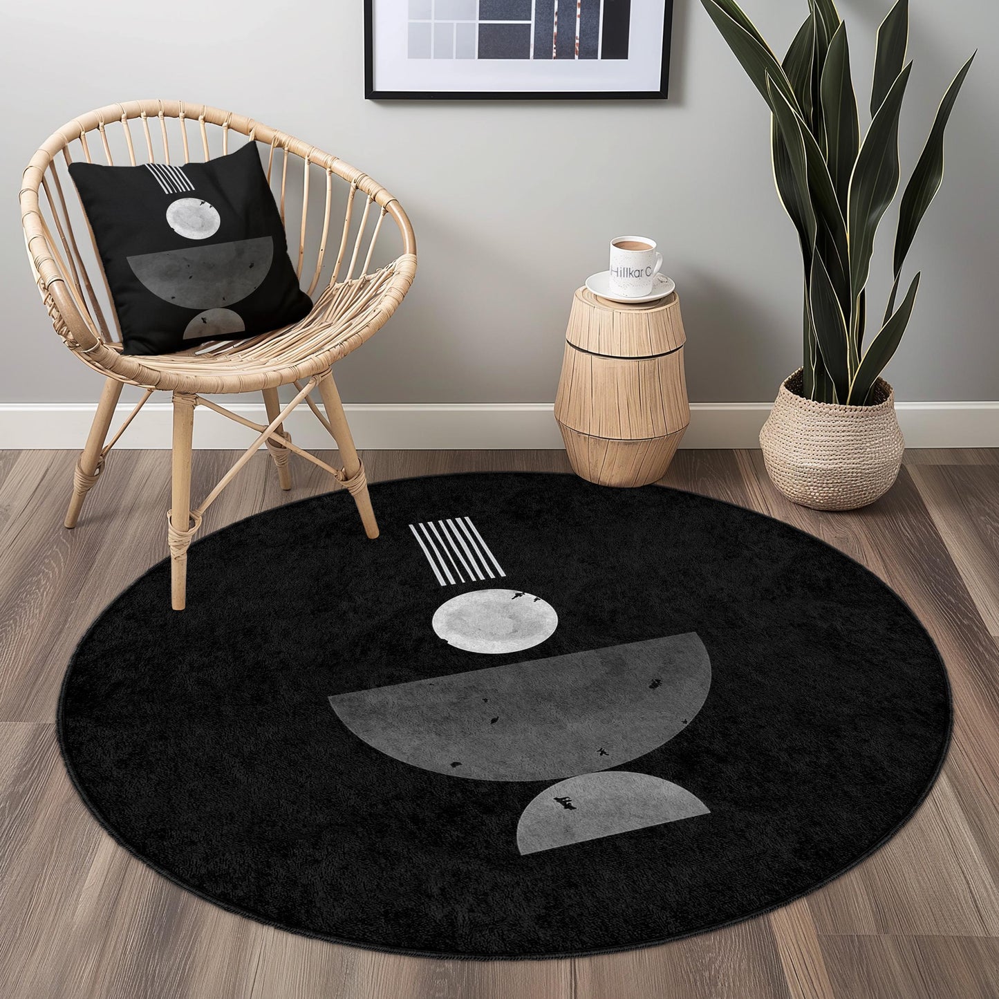 Abstrakter, geometrischer, runder Teppich, moderner schwarz-weißer Teppich, runde Fußmatte für das Wohnzimmer, einzigartiger Wohnteppich