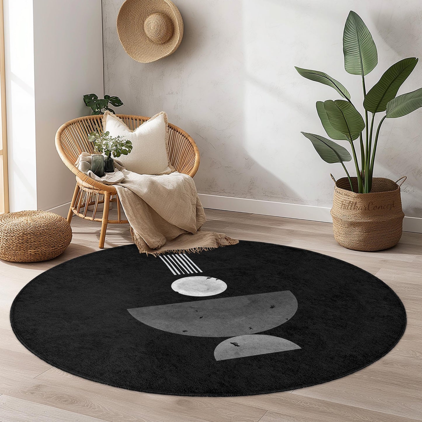 Abstract Geometric Round Area Rug, Black and White Modern Rug, Circular Floor Mat for Living Room, Unique Home Decor Rug