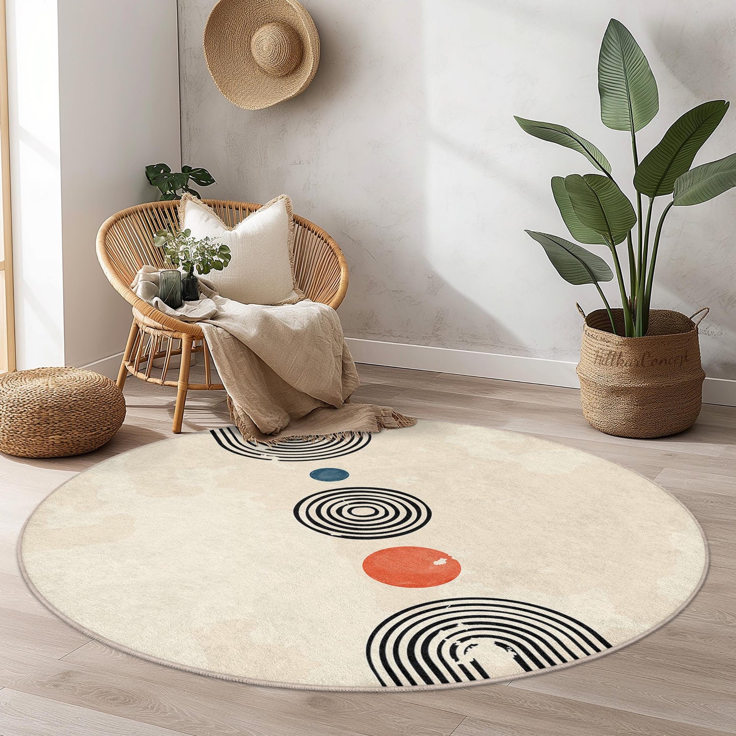 Stilvoller runder Teppich mit modernem geometrischem Muster, weicher, runder Teppich für Wohnzimmer, Schlafzimmer oder Büro