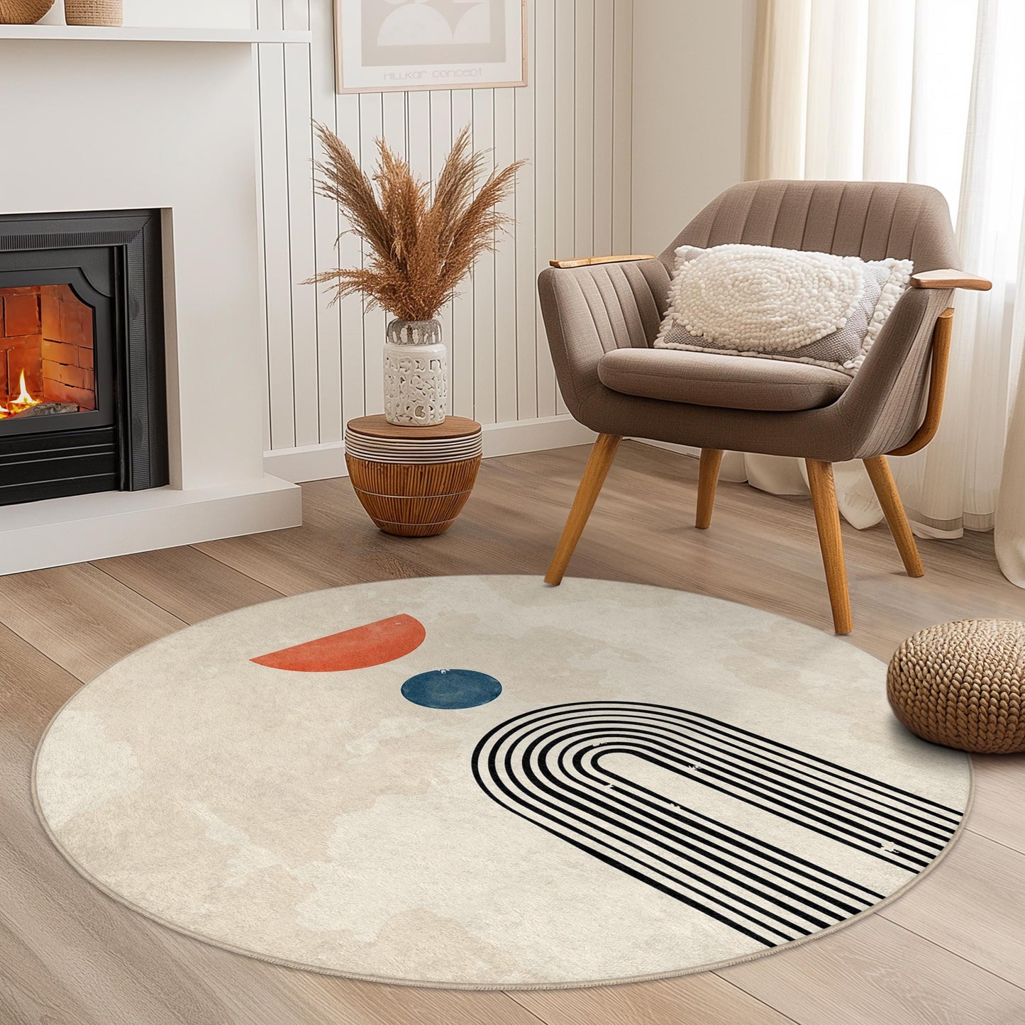 Abstrakter geometrischer runder Teppich, modernes Kunstdekor, runder Boho-Teppich, Wohnzimmerteppich, stilvoller Bodenbelag