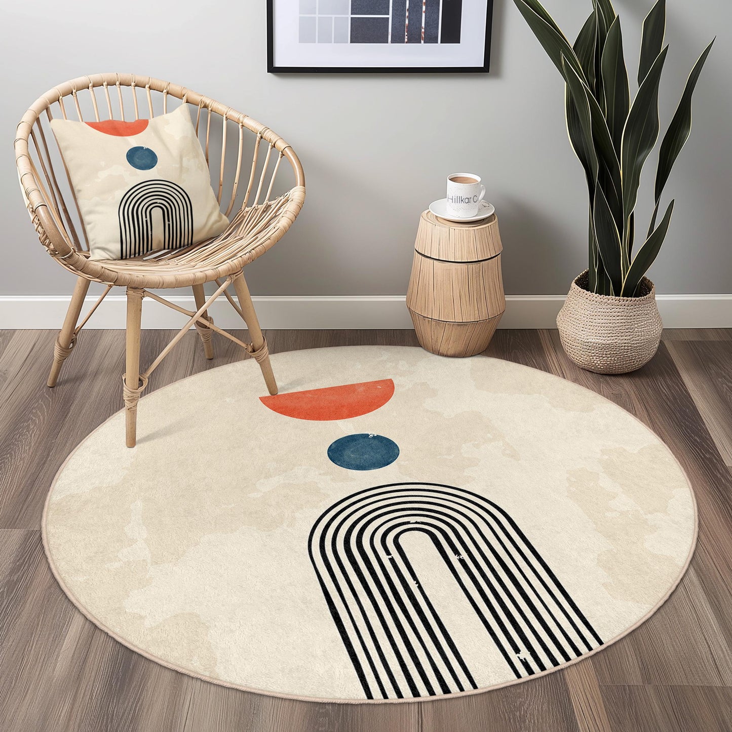 Abstract Geometric Round Rug, Modern Art Decor, Bohemian Circle Area Rug, Living Room Rug, Stylish Floor Covering