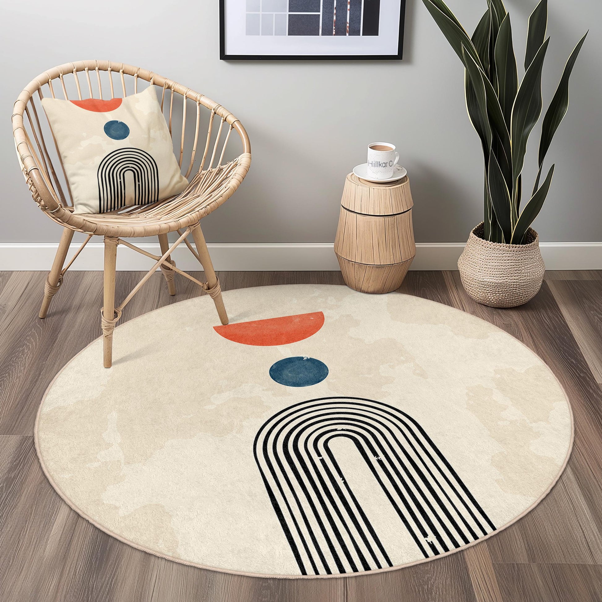 Abstract Geometric Round Rug, Modern Art Decor, Bohemian Circle Area Rug, Living Room Rug, Stylish Floor Covering