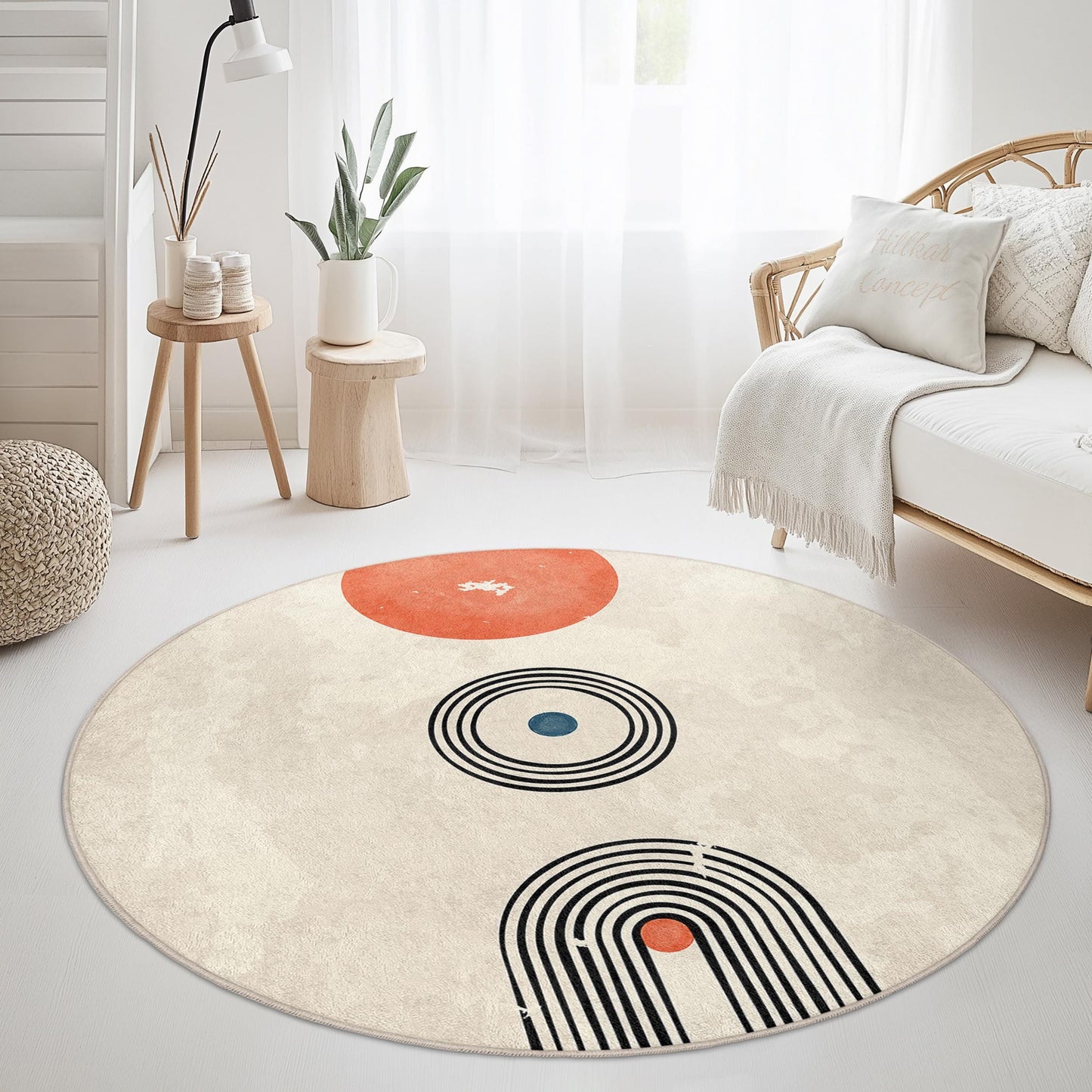 Geometrischer runder Teppich, moderner Kreisteppich, abstraktes Design, Wohnzimmerdekoration, Wohnaccessoires im Bohème-Stil