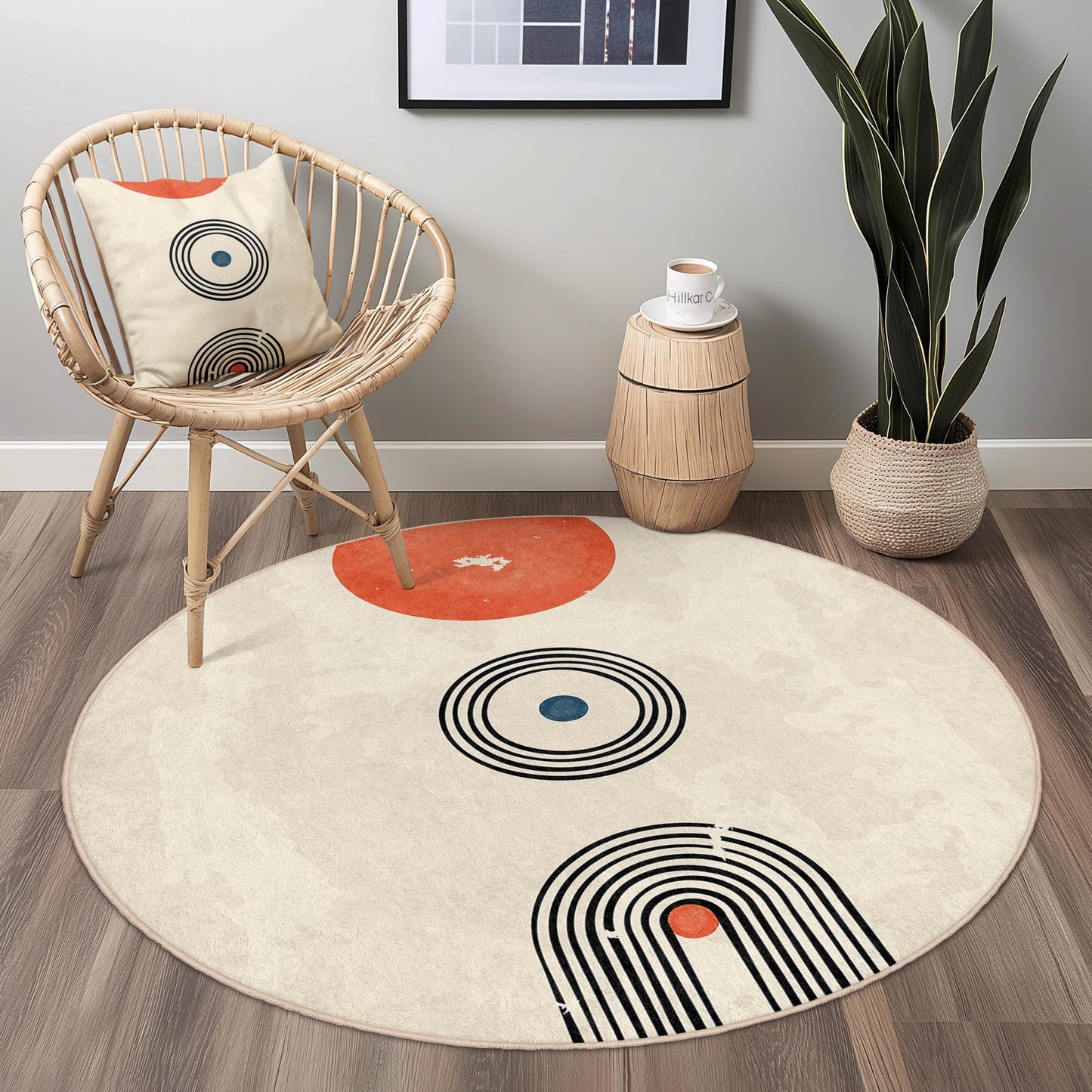 Geometrischer runder Teppich, moderner Kreisteppich, abstraktes Design, Wohnzimmerdekoration, Wohnaccessoires im Bohème-Stil