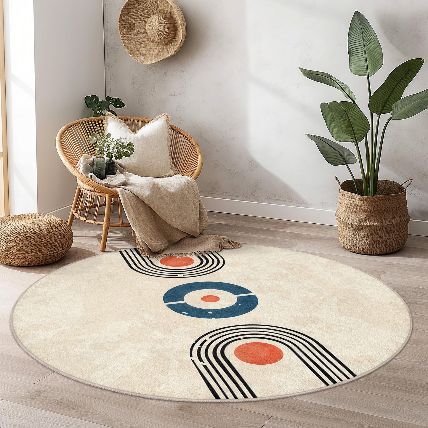 Geometrischer runder Teppich, moderner abstrakter Kreisteppich, weicher Wohnzimmerteppich, stilvolle Wohndekoration, runder Teppich für den Innenbereich