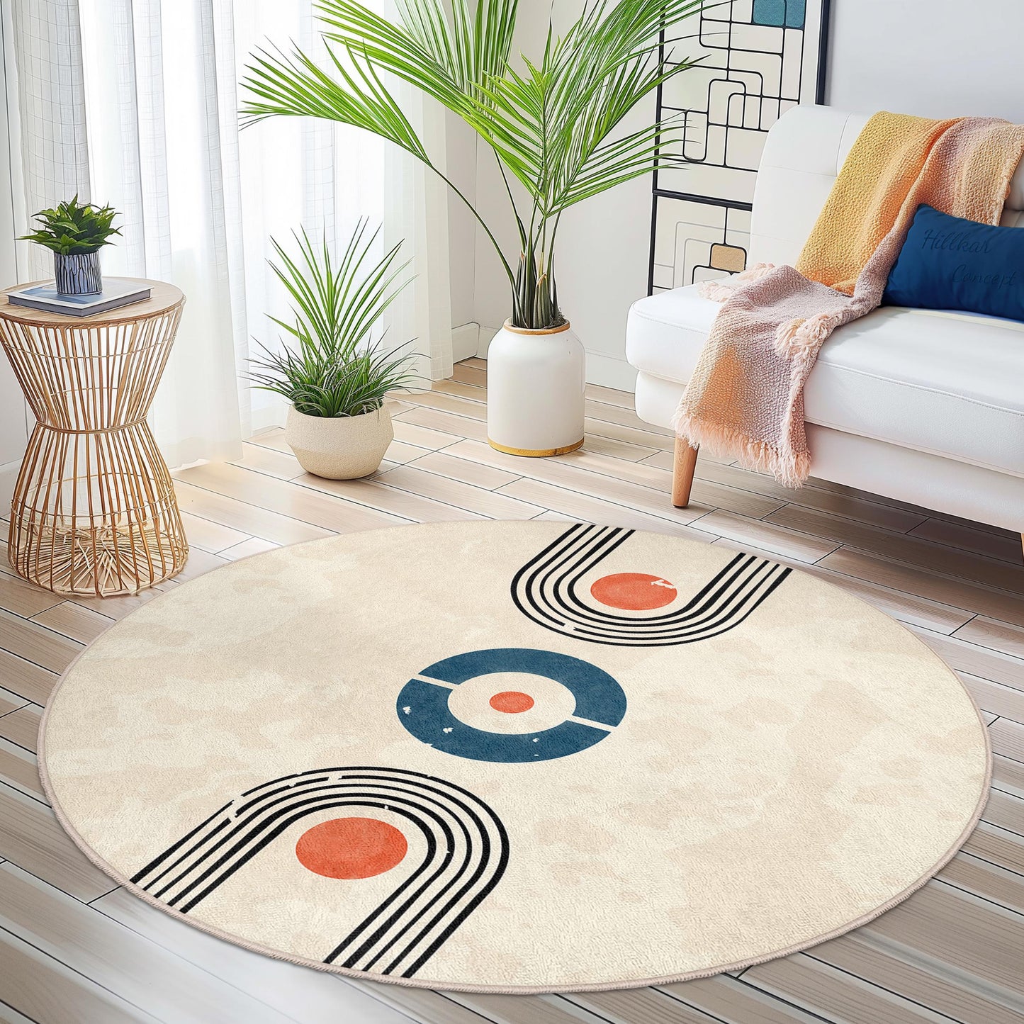 Geometrischer runder Teppich, moderner abstrakter Kreisteppich, weicher Wohnzimmerteppich, stilvolle Wohndekoration, runder Teppich für den Innenbereich