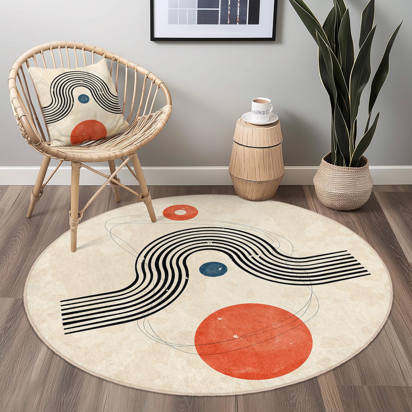 Abstrakter, geometrischer, runder Teppich, moderner Rundteppich, weicher, minimalistischer Teppich für das Wohnzimmer, zeitgenössische Wohndekoration