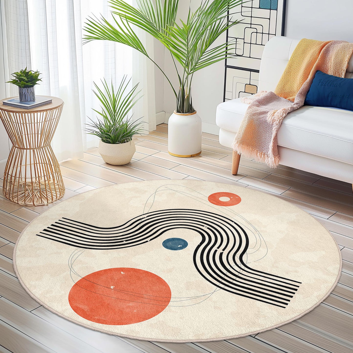 Abstrakter, geometrischer, runder Teppich, moderner Rundteppich, weicher, minimalistischer Teppich für das Wohnzimmer, zeitgenössische Wohndekoration