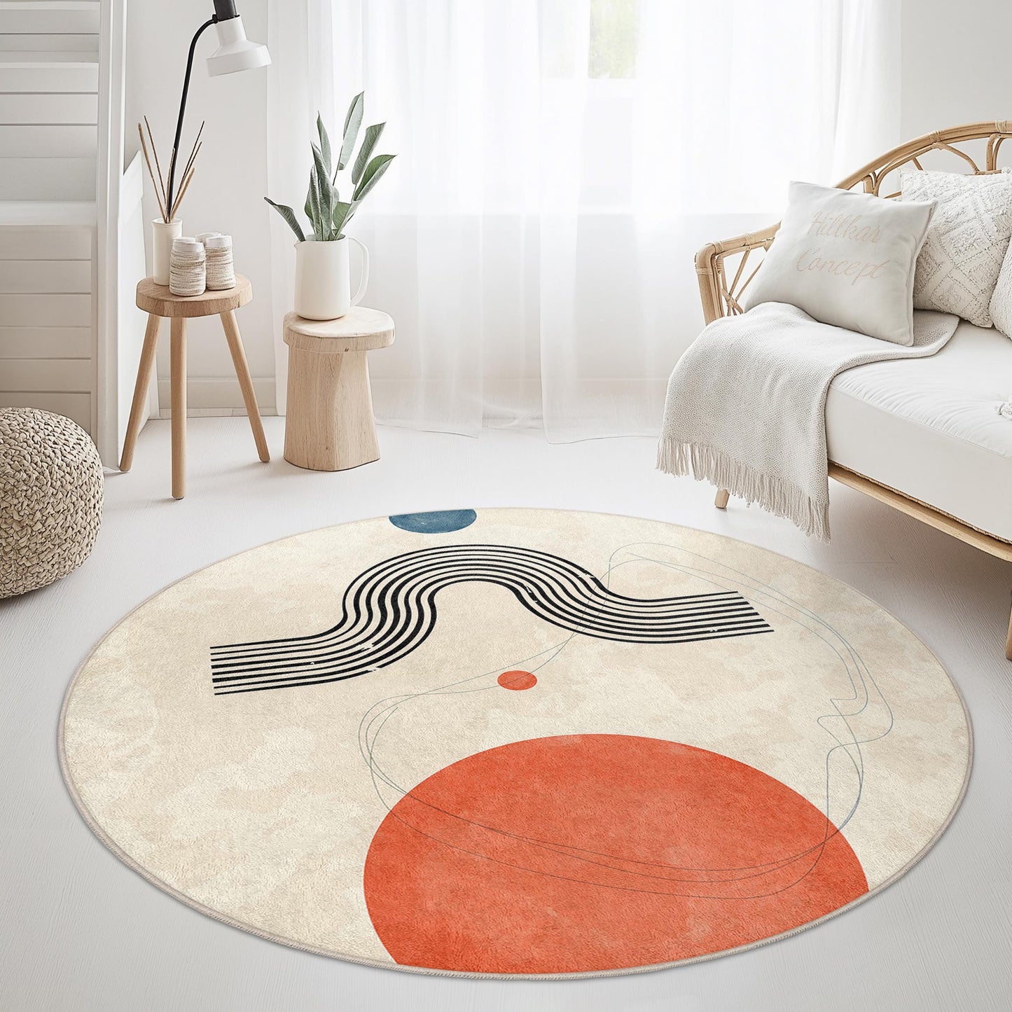 Künstlerisch gestalteter runder Teppich mit abstrakten Formen, moderner runder Teppich für die Wohneinrichtung, Teppich mit geometrischem Design, stilvolle Wohnzimmermatte