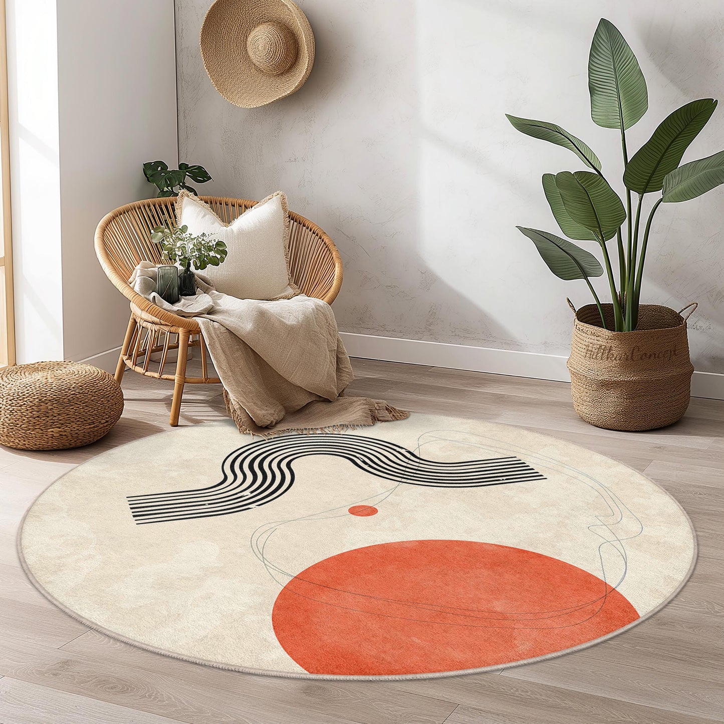 Künstlerisch gestalteter runder Teppich mit abstrakten Formen, moderner runder Teppich für die Wohneinrichtung, Teppich mit geometrischem Design, stilvolle Wohnzimmermatte