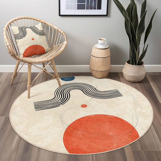 Artistic Round Area Rug with Abstract Shapes, Modern Round Carpet for Home Decor, Geometric Design Rug, Stylish Living Room Mat