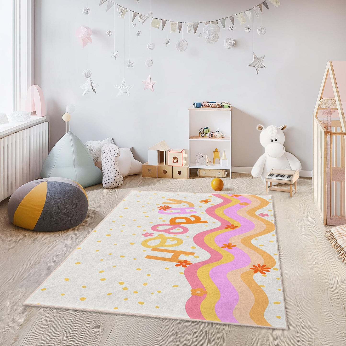 Fröhlicher rechteckiger Kinderteppich „Happy Waves“, verspielter Kinderzimmerteppich, fröhliche Zimmerdekoration, Spielmatte fürs Kinderzimmer, lustiger Spielzimmerteppich