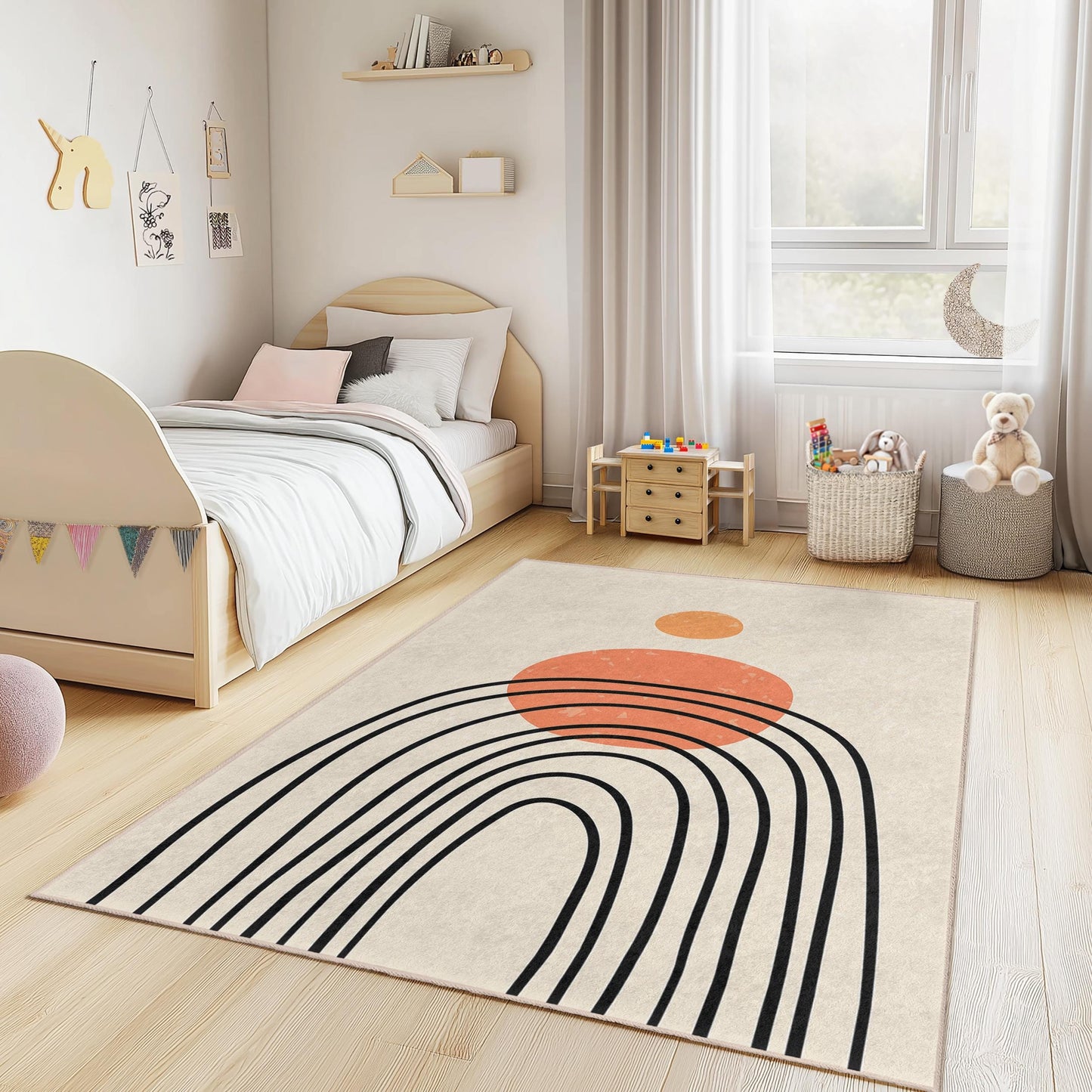 Moderner abstrakter Regenbogen-Teppich, rechteckiger Kinderzimmerteppich, farbenfrohe Spielzimmerdekoration, weicher Kinderzimmerteppich, einzigartiges geometrisches Design