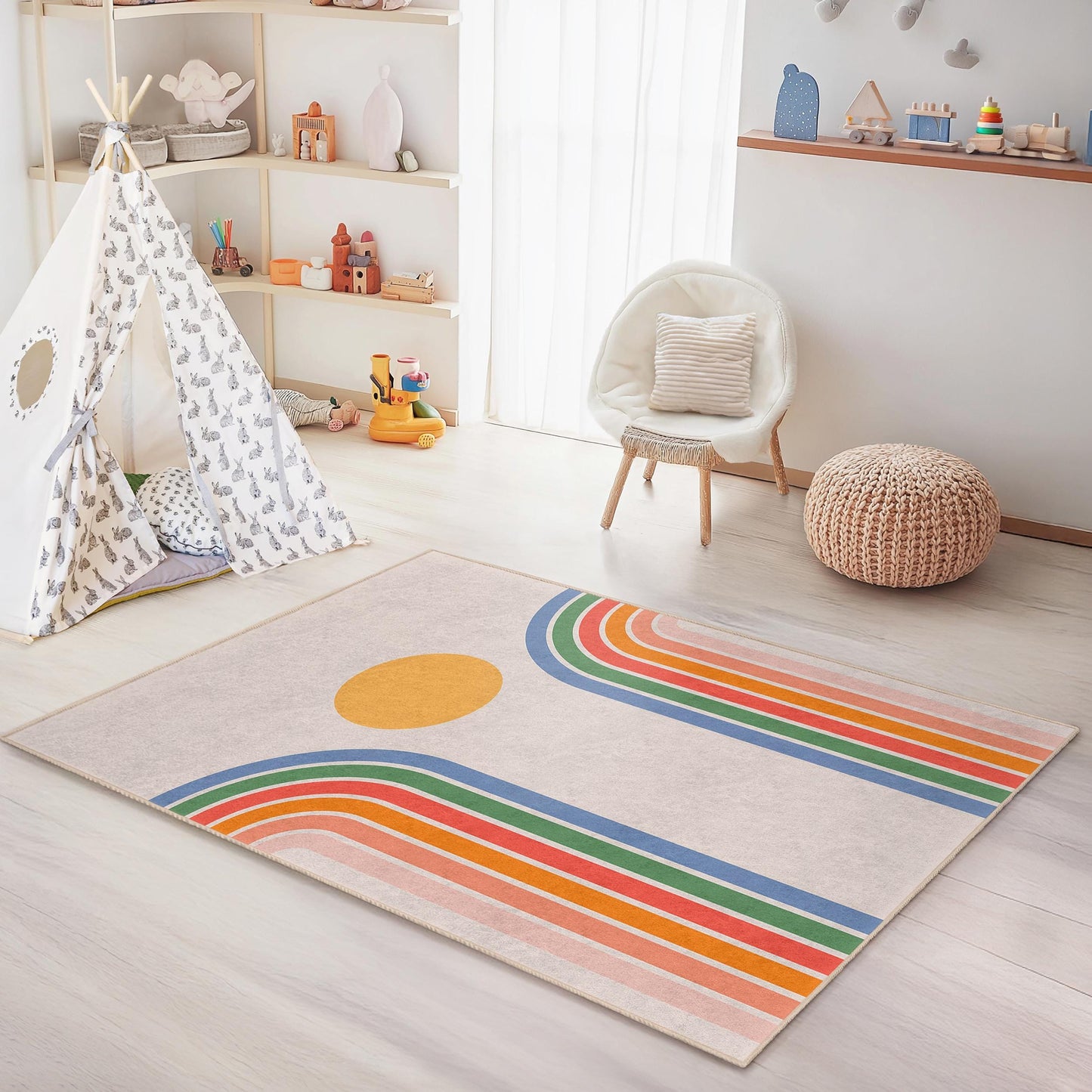 Rechteckiger Kinderteppich mit Regenbogenbögen, bunter Spielzimmerteppich, Kinderzimmerdekoration, weiche Spielmatte, moderner Kinderteppich