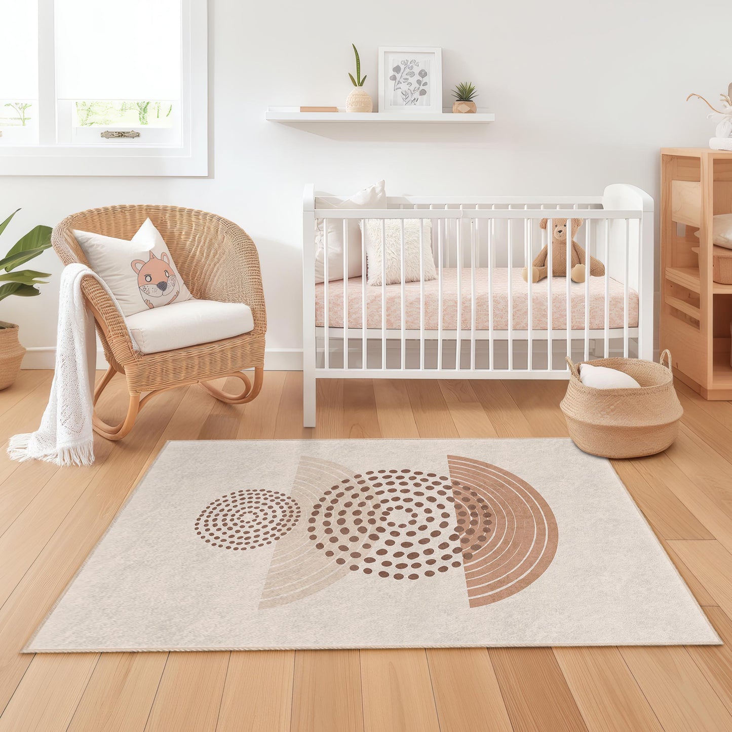 Rechteckiger Teppich mit abstraktem Kreismuster, moderner geometrischer Teppich, weicher Wohnzimmerteppich, stilvolle Wohndekoration, Kinderzimmerteppich