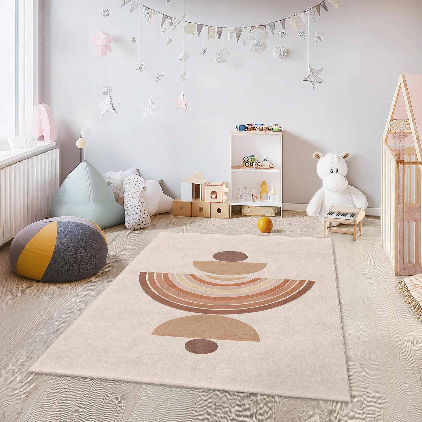 Rechteckiger Kinderteppich mit geometrischem Muster, moderner Boho-Stil, weiche Kinderzimmerdekoration, Spielzimmerteppich