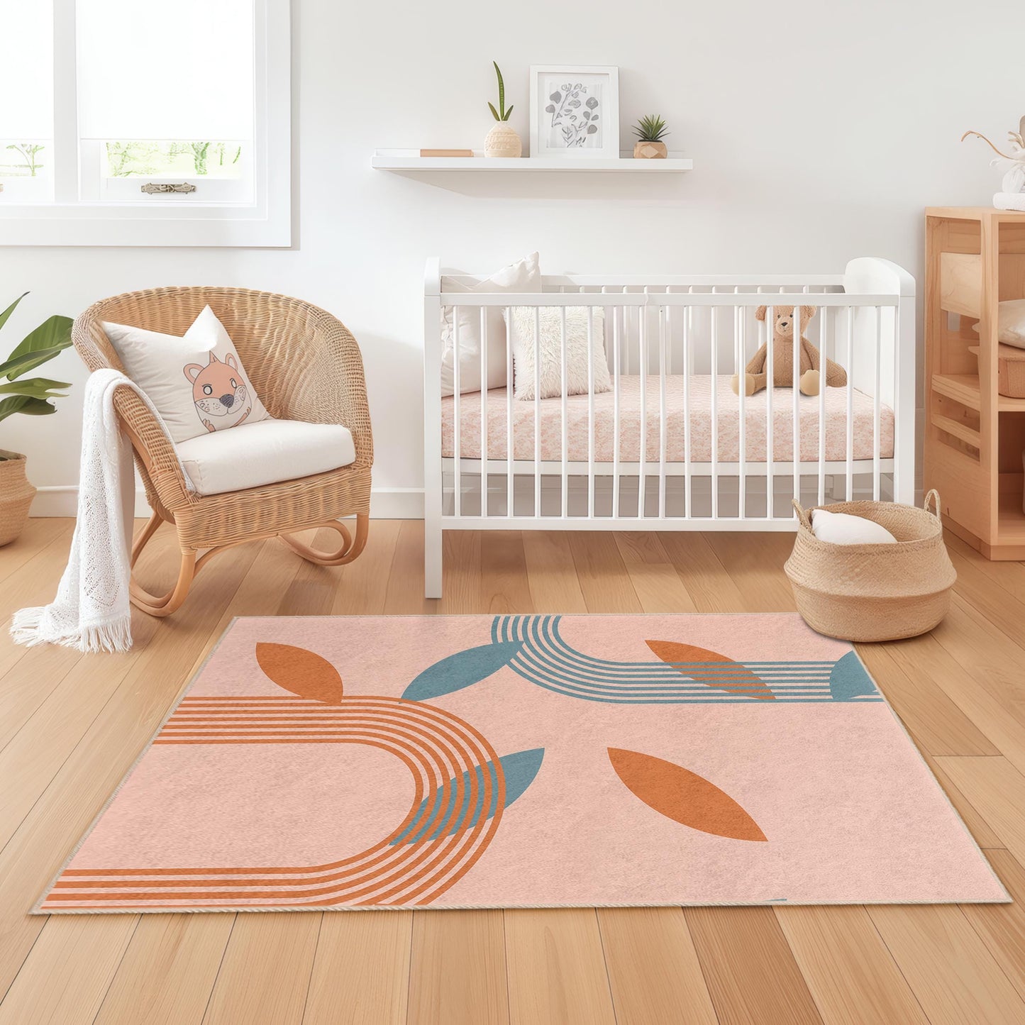Moderner rechteckiger Teppich mit Blattmuster fürs Kinderzimmer, stilvoller Kinderteppich, Kinderzimmerdeko, Spielzimmer-Basics, weicher Teppich