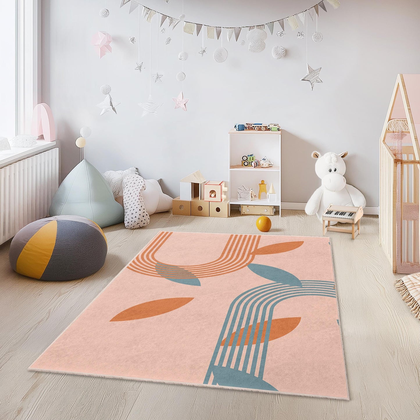 Moderner rechteckiger Teppich mit Blattmuster fürs Kinderzimmer, stilvoller Kinderteppich, Kinderzimmerdeko, Spielzimmer-Basics, weicher Teppich
