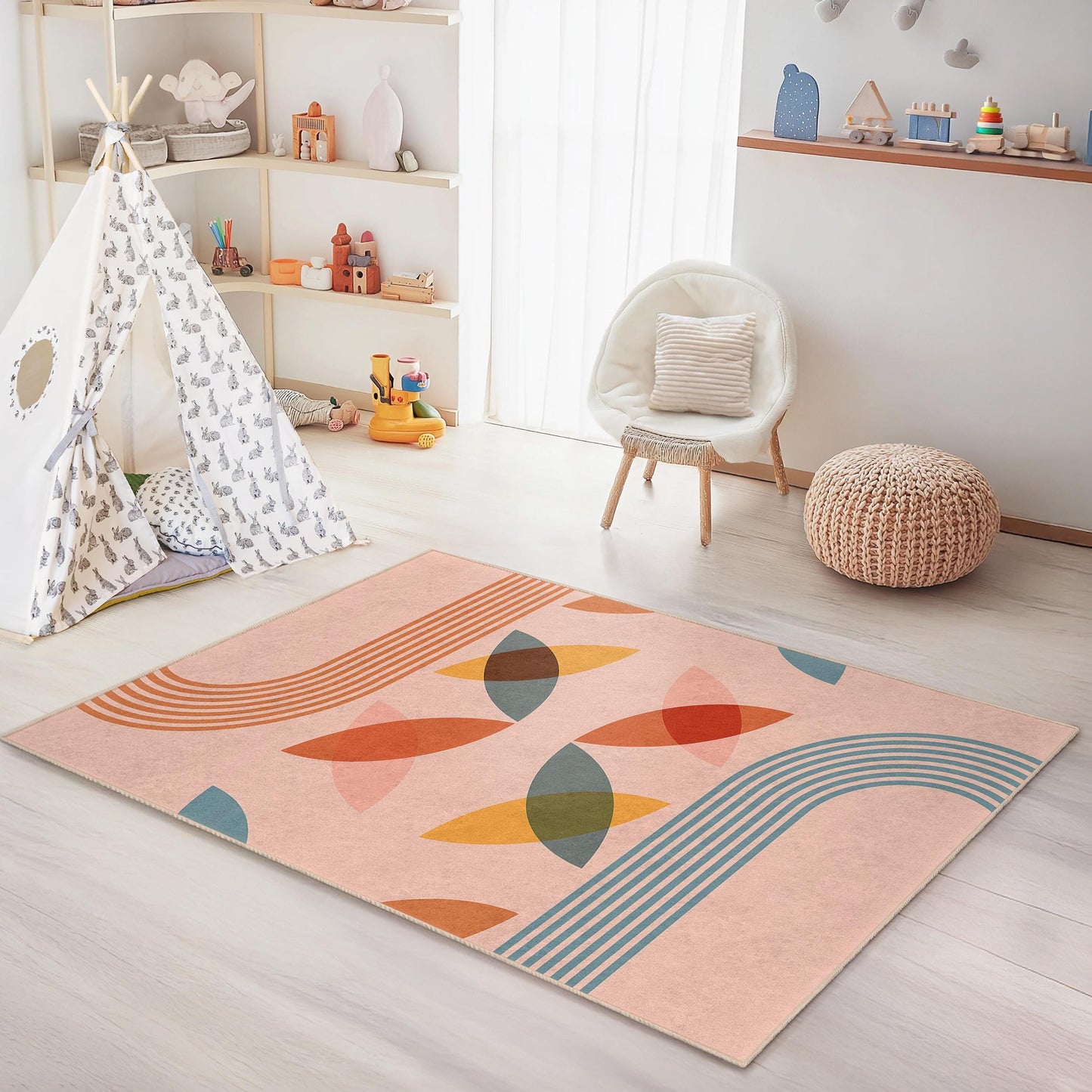 Bunter, geometrischer rechteckiger Kinderteppich, moderner Spielzimmerteppich, Kinderzimmerdekoration, weicher Teppich für das Kinderzimmer, einzigartige Kindermatte