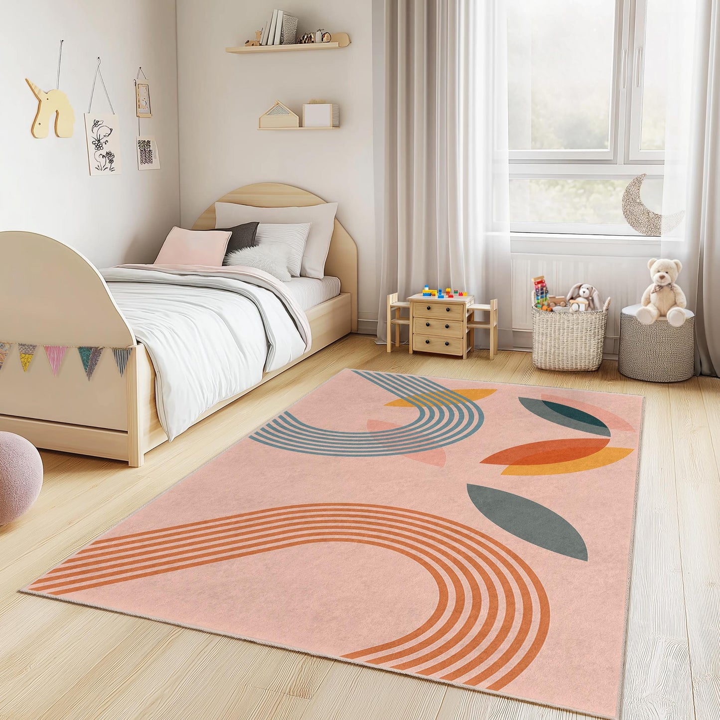 Rechteckiger Kinderteppich mit abstrakten, farbenfrohen Linien und Formen, moderner Spielzimmerteppich, Kinderzimmerdekoration, weicher Kinderzimmerteppich