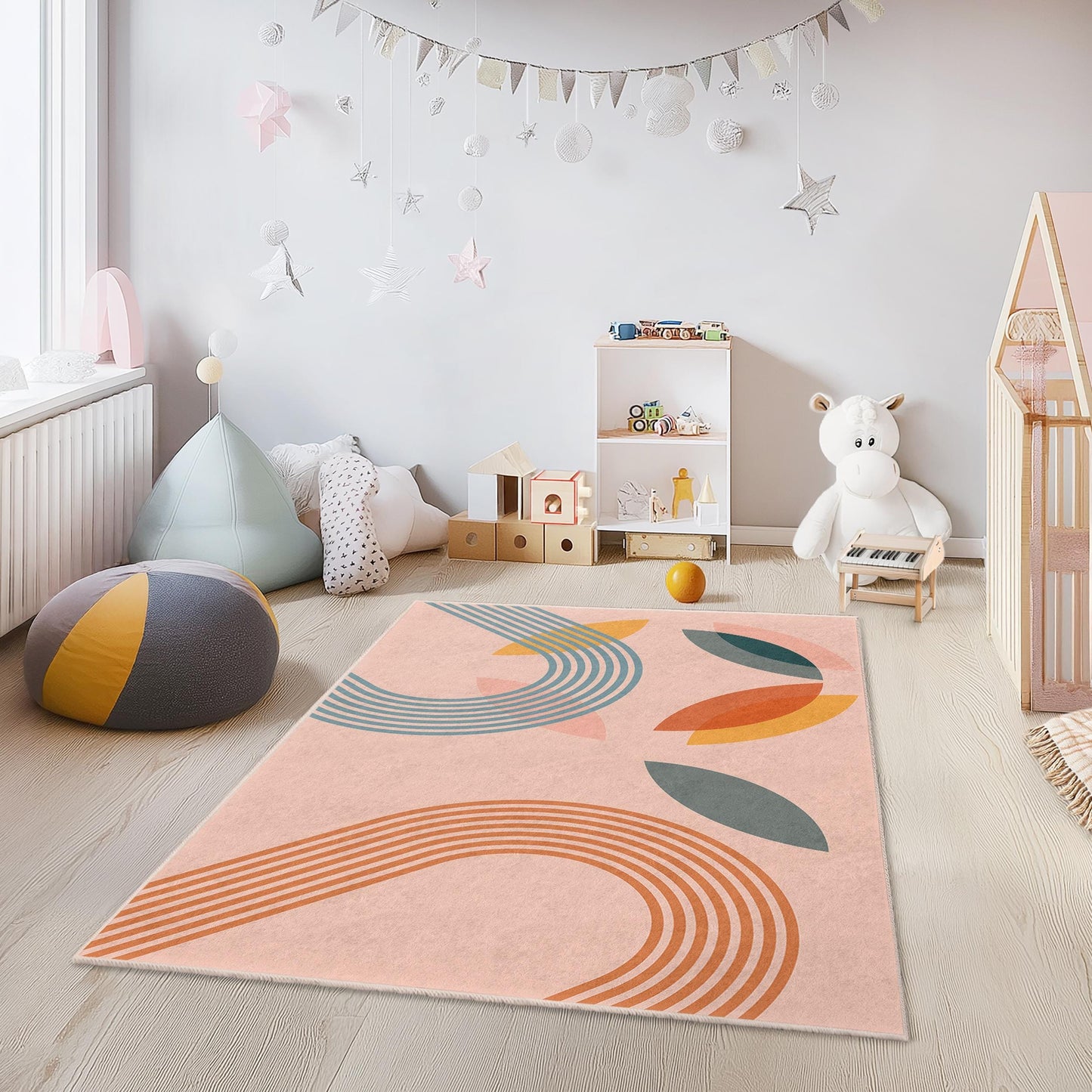 Rechteckiger Kinderteppich mit abstrakten, farbenfrohen Linien und Formen, moderner Spielzimmerteppich, Kinderzimmerdekoration, weicher Kinderzimmerteppich