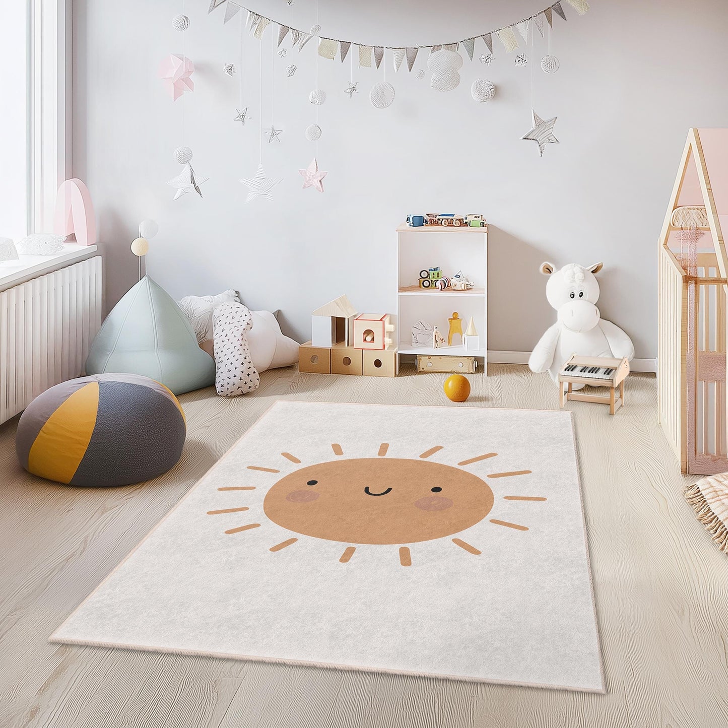 Rechteckiger Kinderteppich mit lachender Sonne, niedlicher Teppich mit Sonnenmotiv, Spielzimmerteppich, Kinderzimmerteppich, Spielmatte mit fröhlicher Sonne