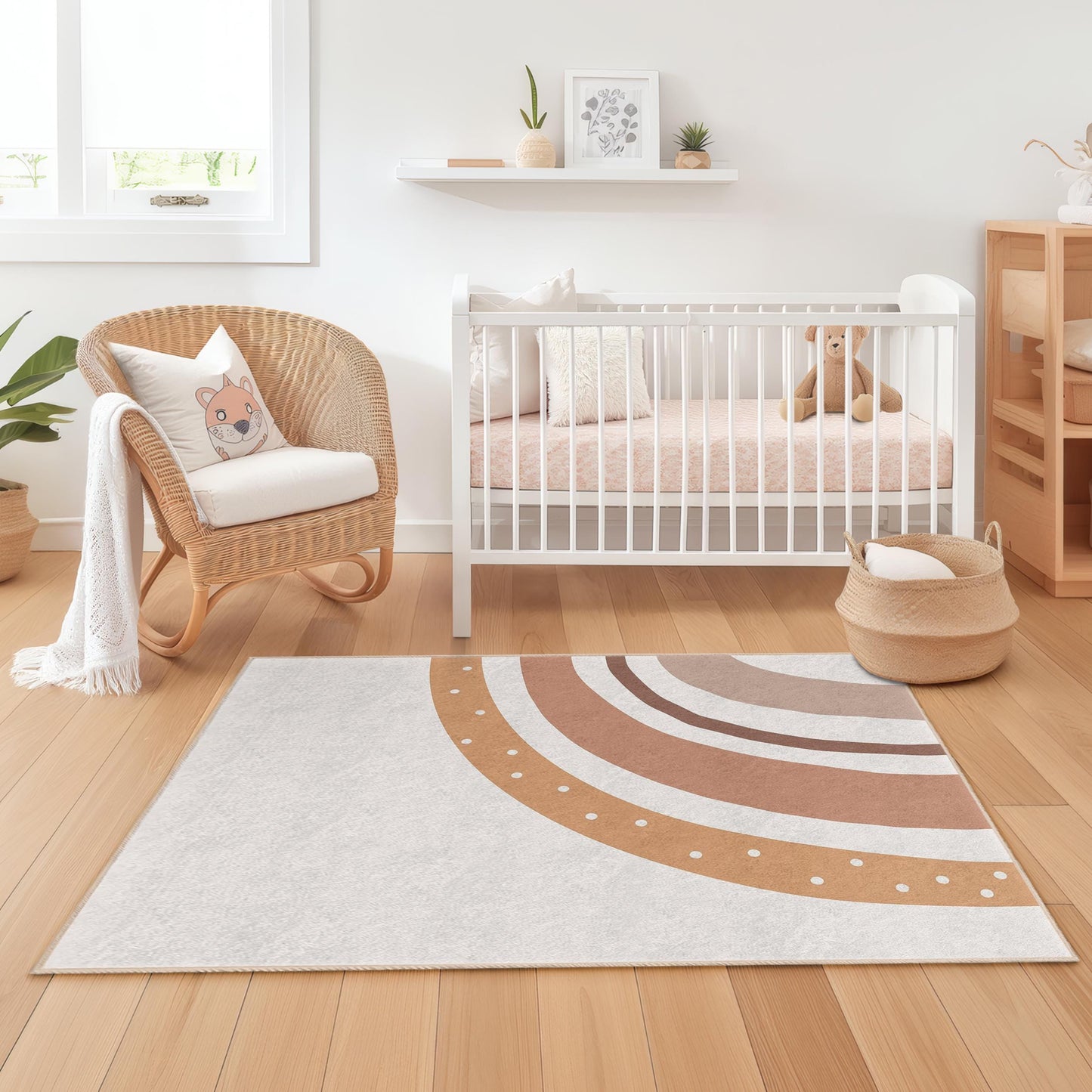 Boho-Regenbogen-Kinderzimmerteppich, rechteckige Spielmatte, weicher Kinderzimmerteppich, Kinderzimmerdeko in Erdtönen, Teppich fürs Kinderzimmer