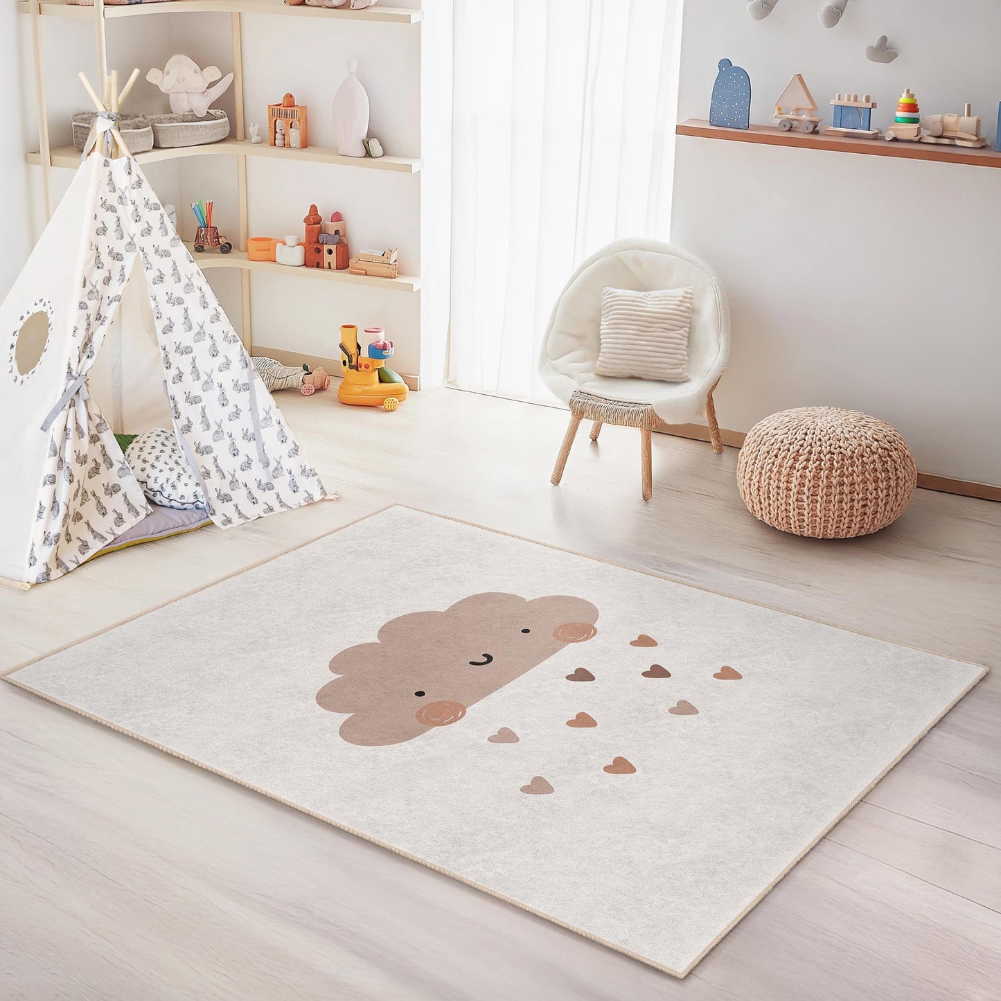Rechteckiger Kinderteppich mit niedlichem Wolkenmuster, weicher Kinderzimmerteppich, bezaubernde Wolkendekoration für Kinderzimmer, Spielzimmerteppich, gemütliche Schlafzimmermatte