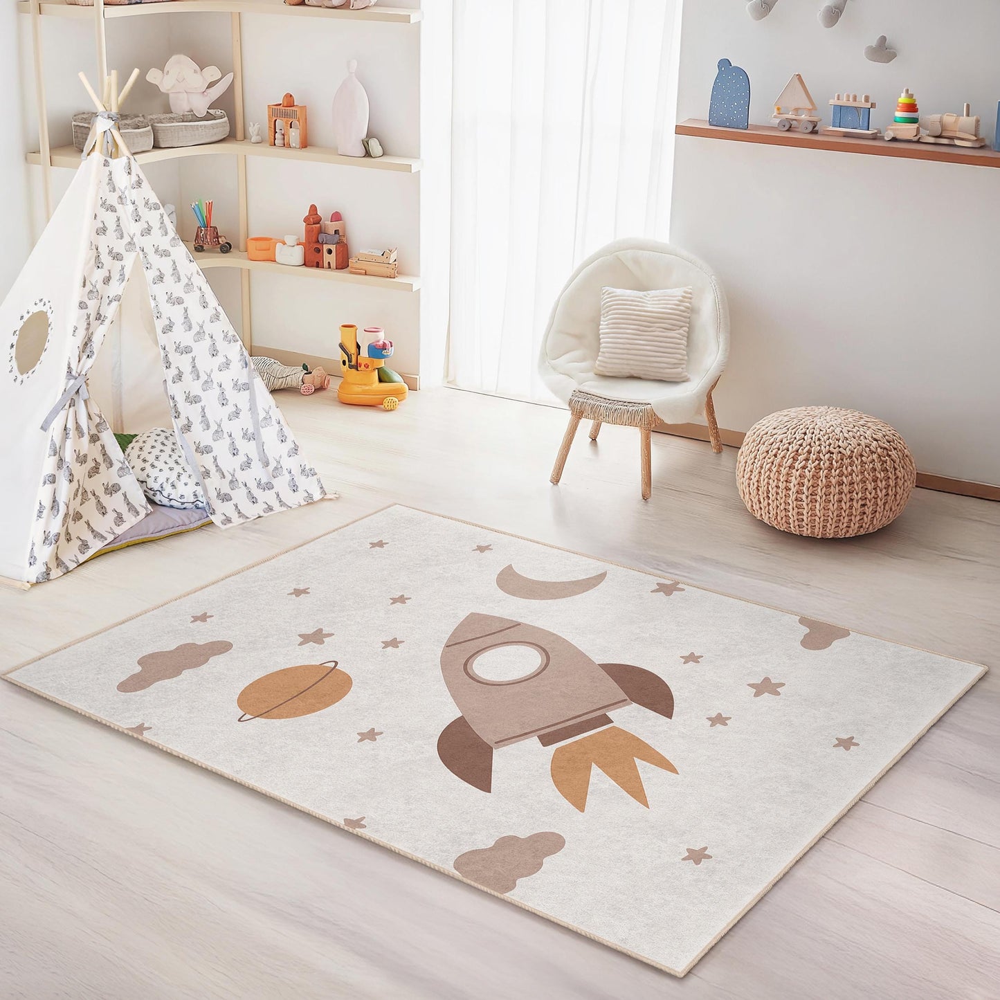 Rechteckiger Kinderteppich mit Raketen- und Sternenmotiv, Weltraum-Spielteppich fürs Kinderzimmer, Spielzimmerdeko, Kuschelteppich für Kinder, Weltraum-Spielmatte