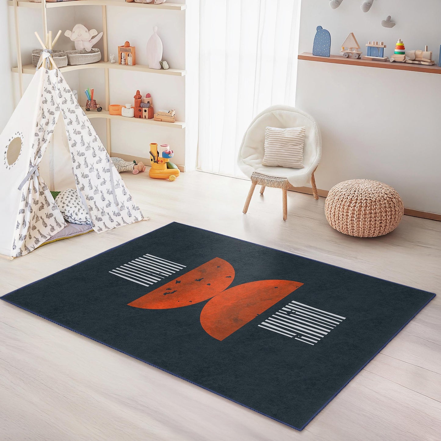Moderner Kinderteppich mit geometrischen Formen, rechteckiger Spielzimmerteppich, farbenfroher abstrakter Kinderteppich, stilvolle Kinderzimmerdekoration, einzigartiger Kinderteppich