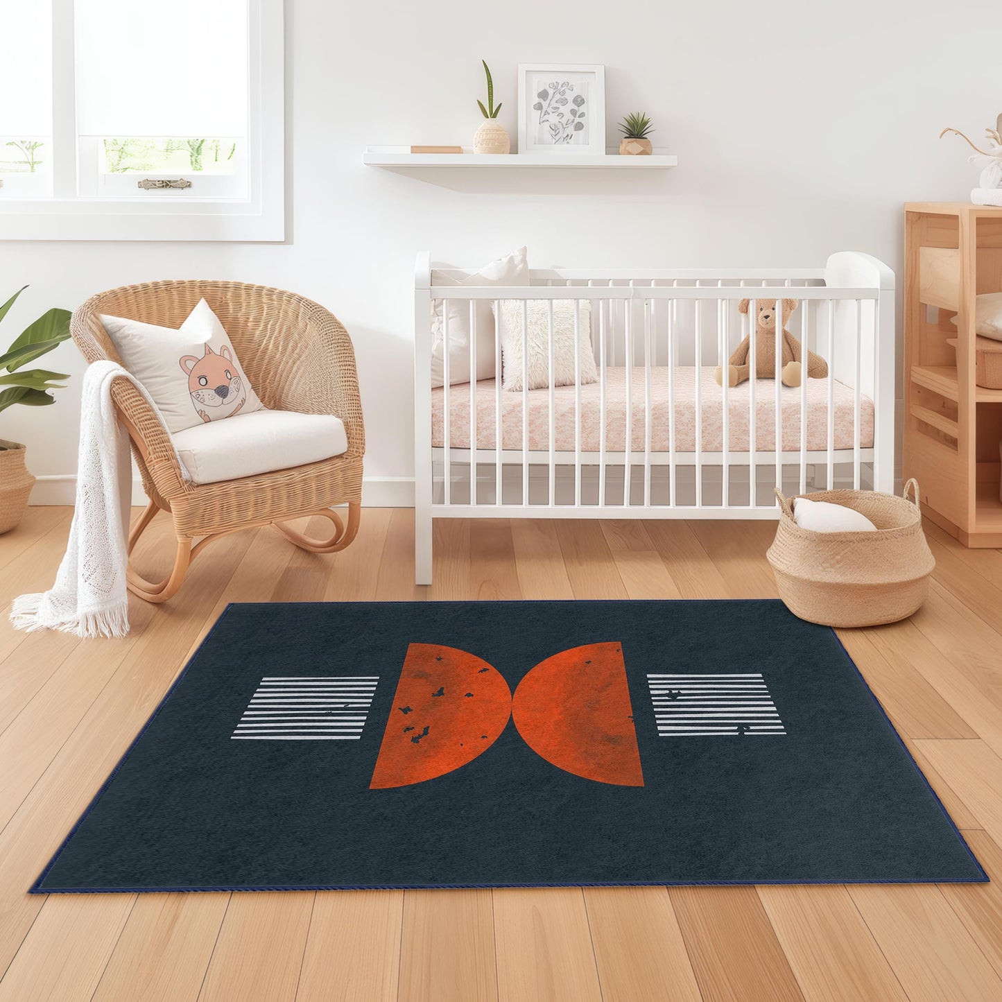 Moderner Kinderteppich mit geometrischen Formen, rechteckiger Spielzimmerteppich, farbenfroher abstrakter Kinderteppich, stilvolle Kinderzimmerdekoration, einzigartiger Kinderteppich