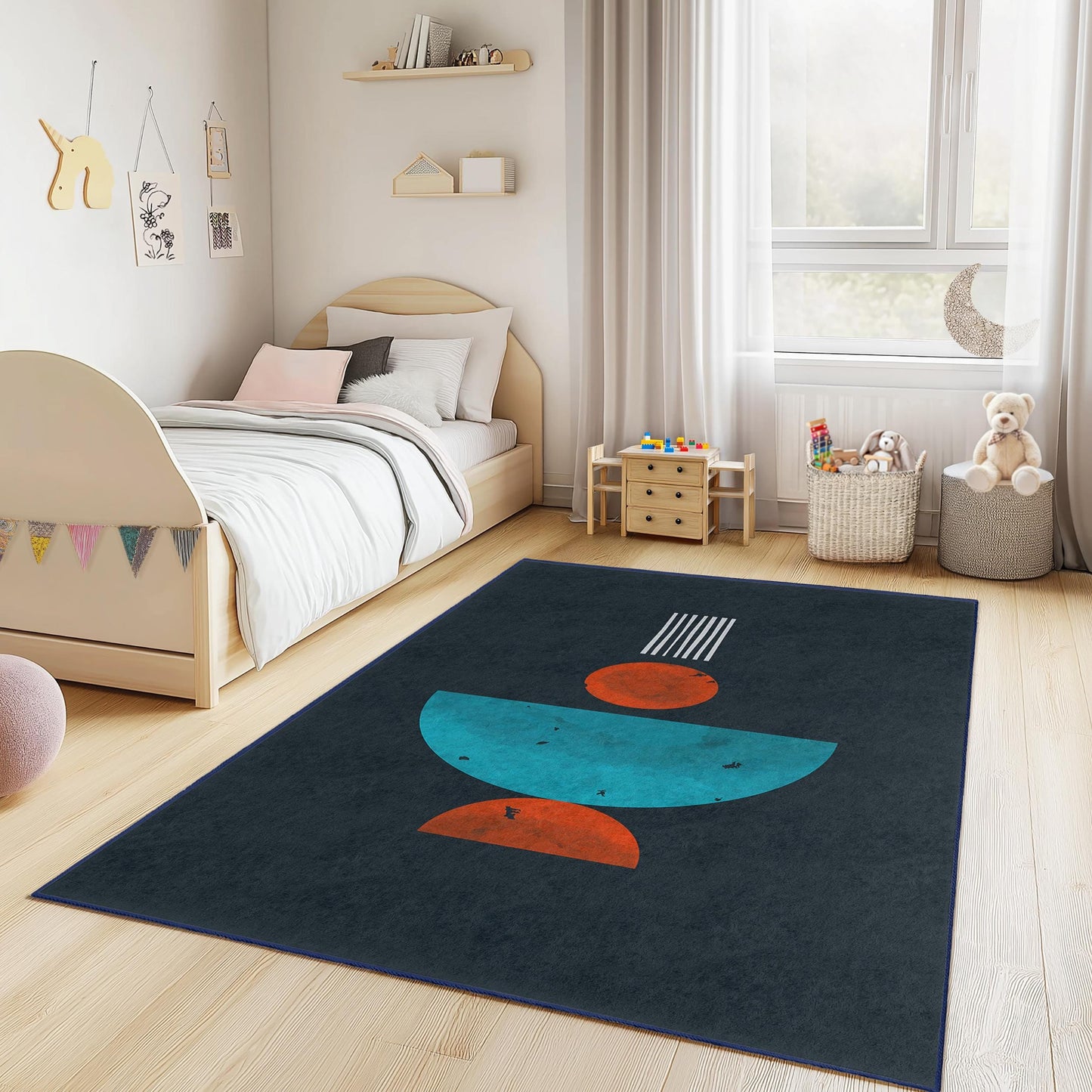 Rechteckiger Kinderteppich mit abstraktem geometrischem Muster, farbenfroher Spielzimmerteppich, moderne Kinderzimmerdekoration, Teppich für das Kinderzimmer